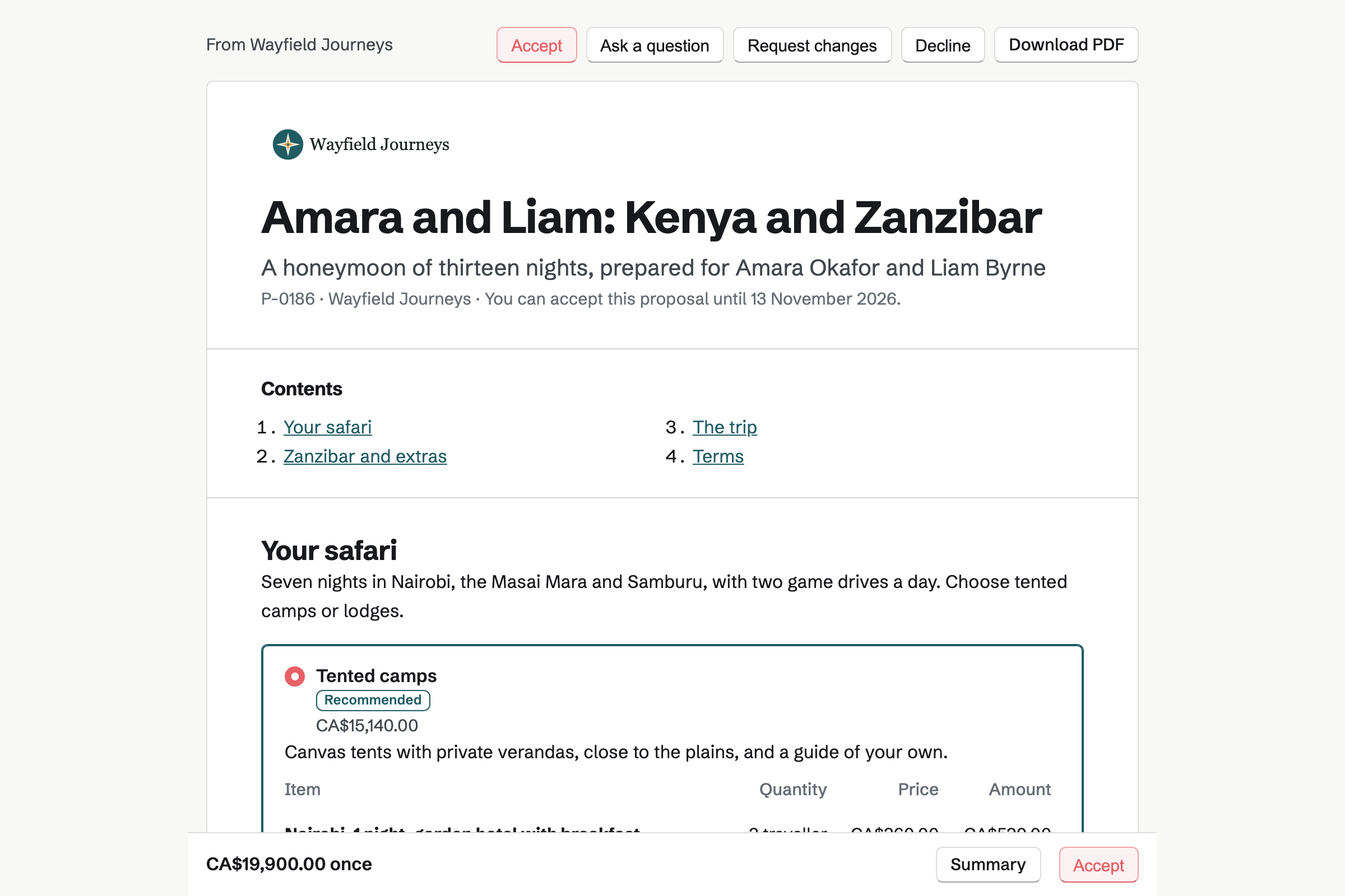 Amara Okafor and Liam Byrne’s Kenya and Zanzibar honeymoon proposal from Wayfield Journeys, with Accept, Ask a question and Request changes, the contents, and the safari’s recommended package, tented camps, with the total in a bar at the foot of the screen.