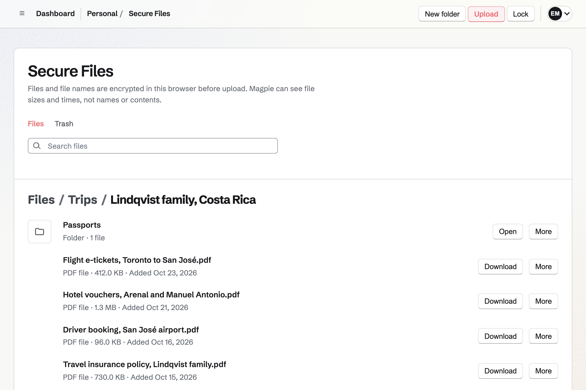 Elise Marchand’s Secure Files, open on the Lindqvist family’s Costa Rica folder: a Passports folder, the flight e-tickets, the hotel vouchers, the driver’s booking and the family’s travel insurance policy, encrypted in the browser before upload.