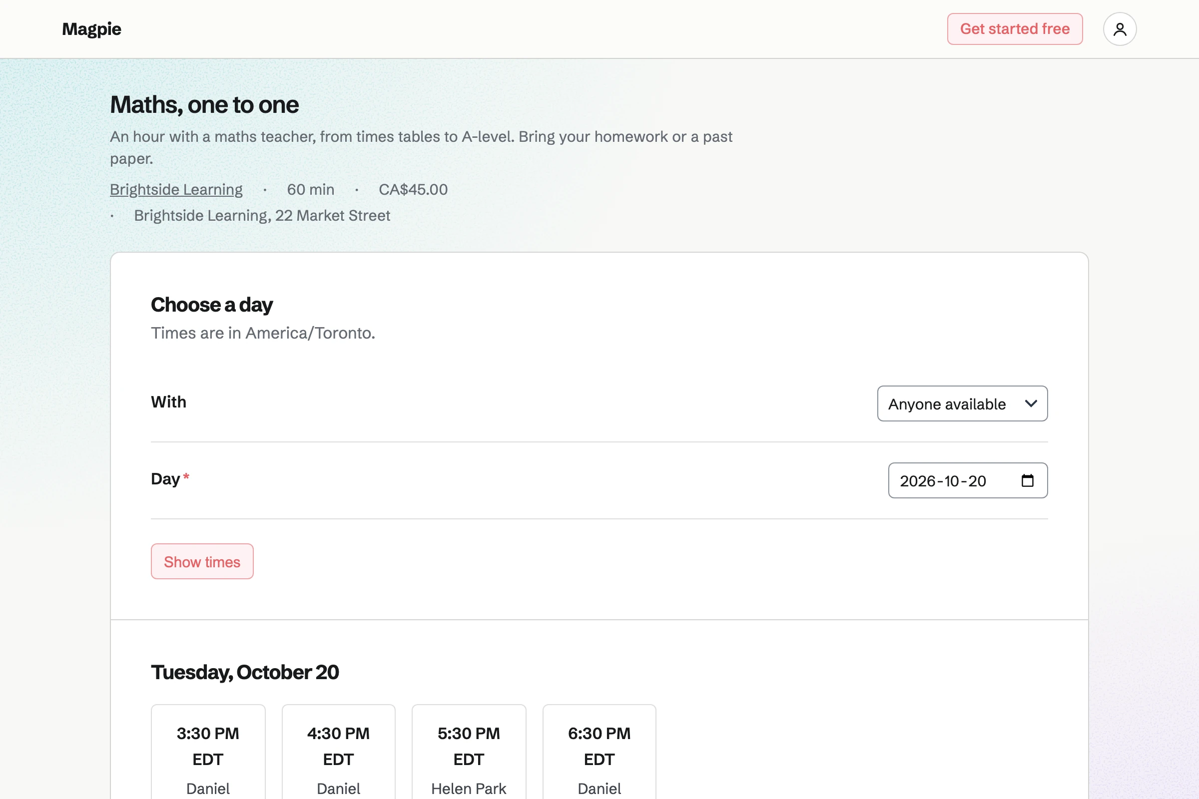 Brightside Learning’s booking page for a one-to-one maths lesson: its length, price and place, the choice of teacher, and the free times on Tuesday with each teacher’s name.