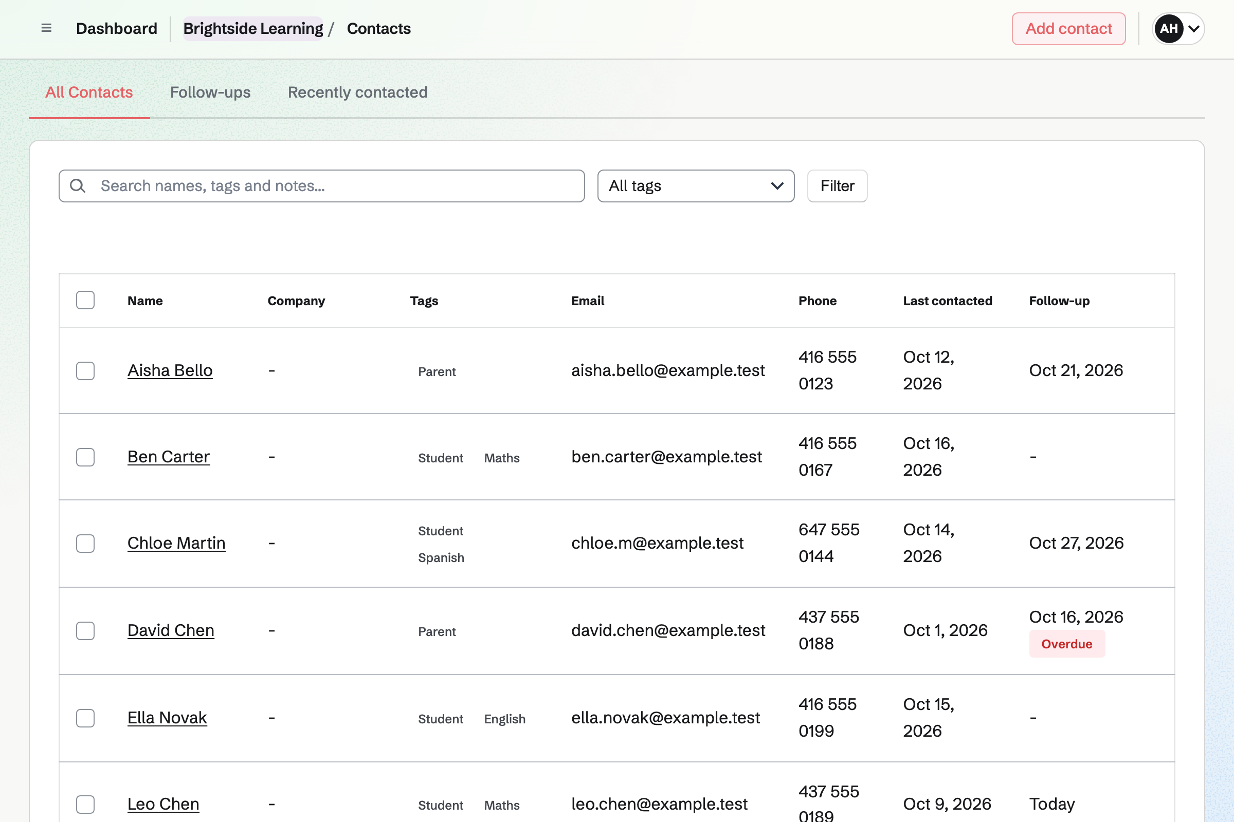 Brightside Learning’s students and parents in Contacts, each with tags for the subject, contact details, when they were last in touch and the next follow-up.