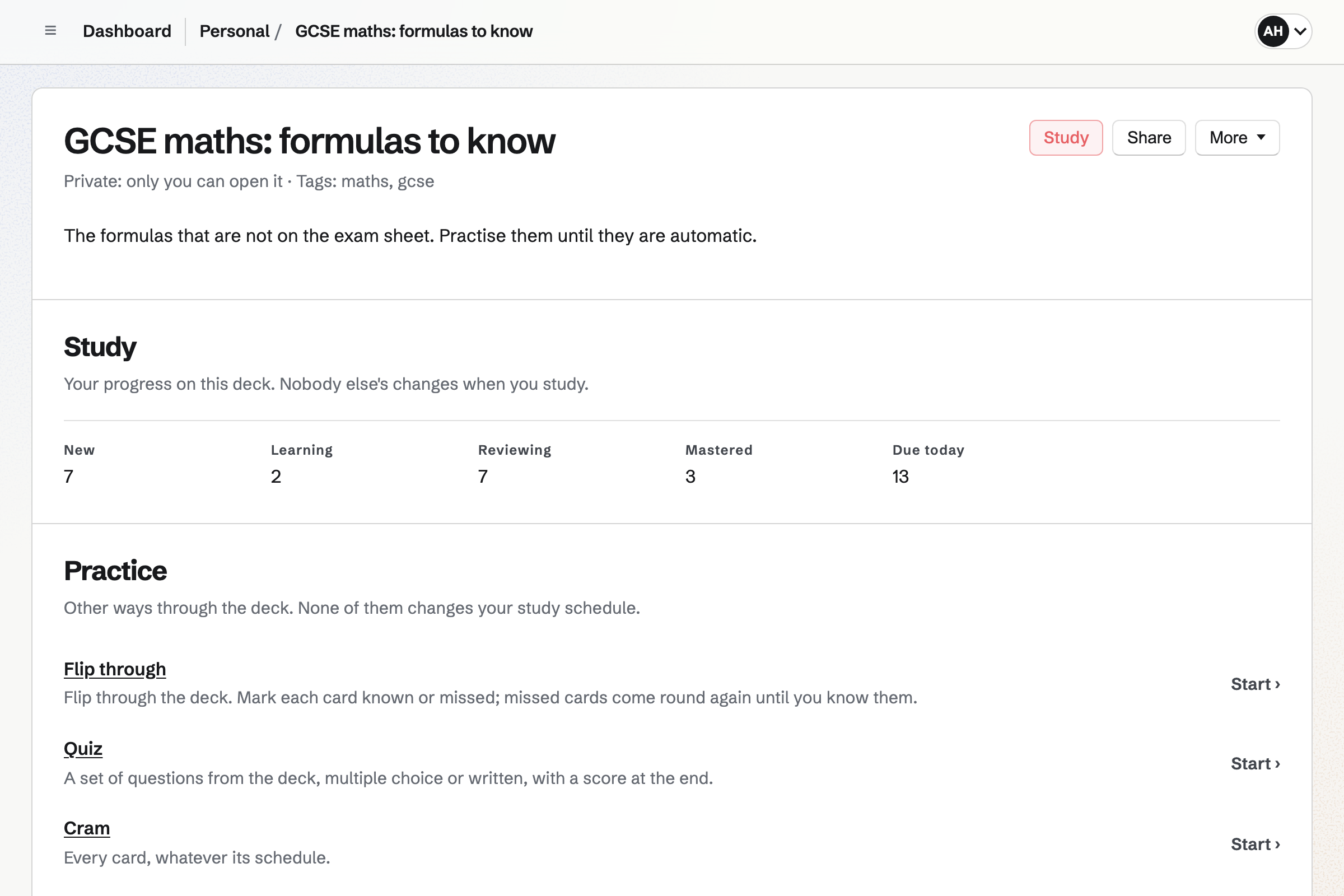 A GCSE maths formulas deck in Flashcards: its description, the teacher’s own study progress, and the ways to practise it: flip through, a quiz or cram.
