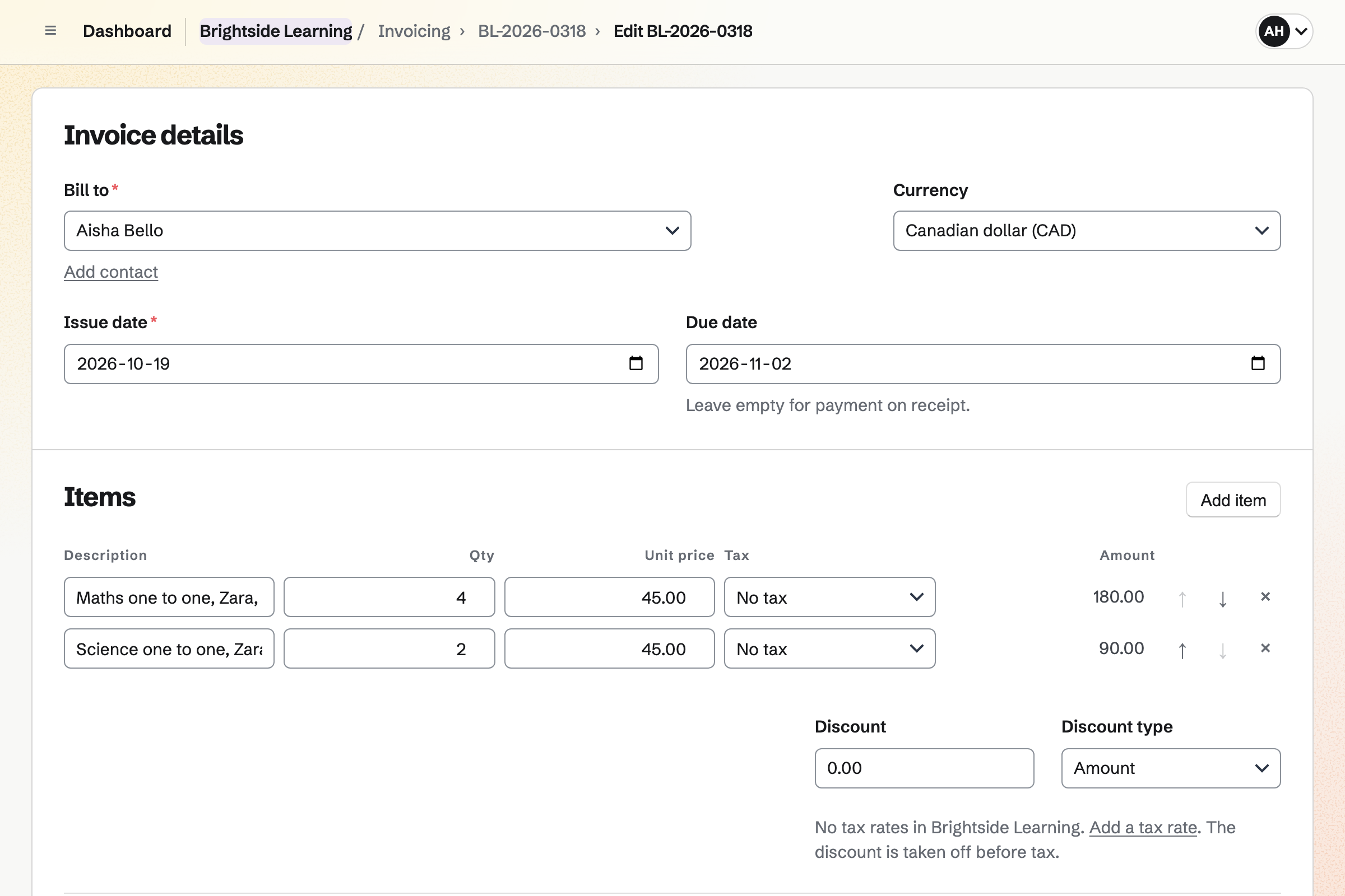 An invoice for a family’s October lessons at Brightside Learning being written: the parent, when it is issued and due, and lines for maths and science lessons.