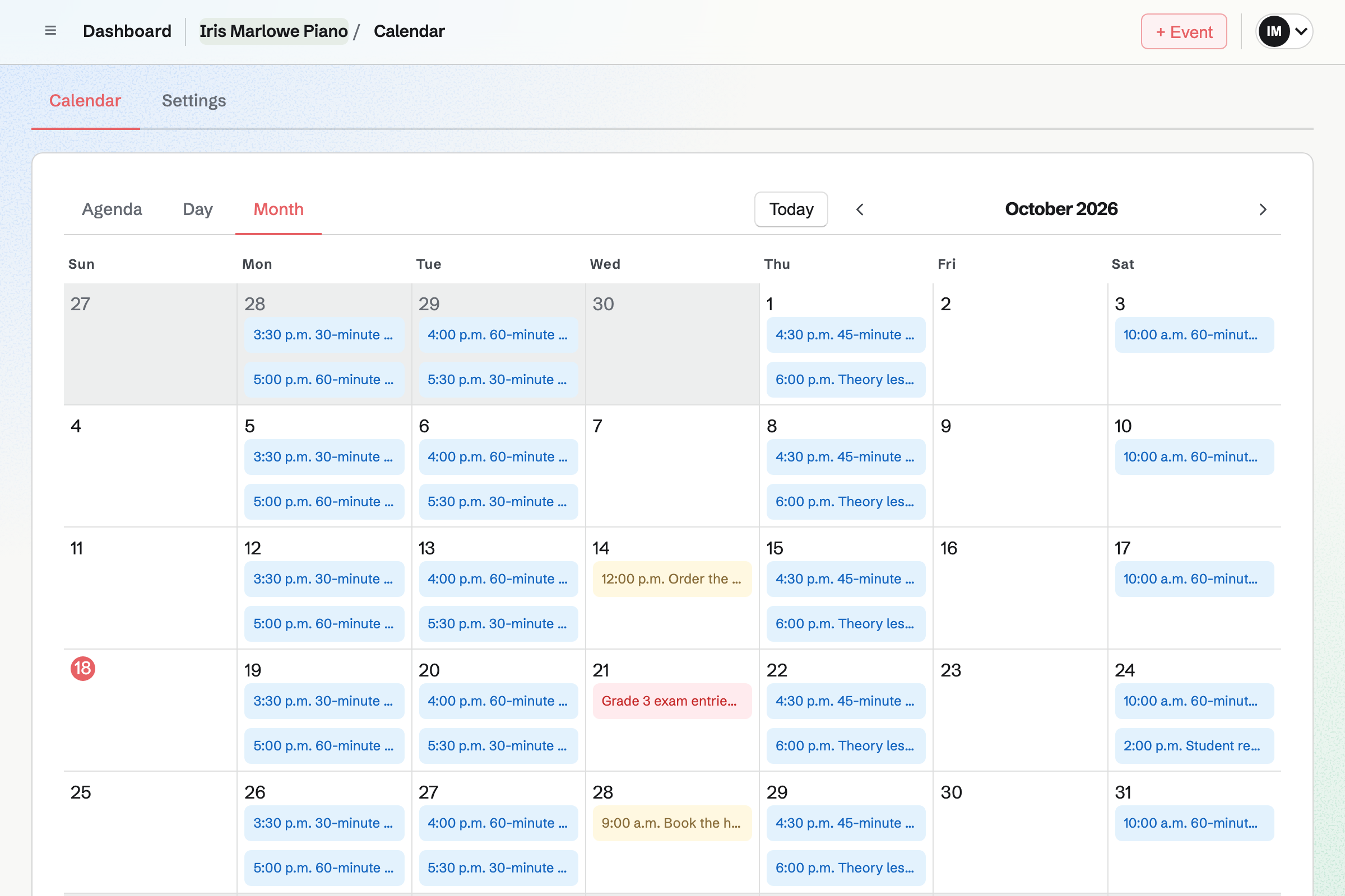 Iris Marlowe Piano’s Calendar for the month: weekly piano and theory lessons, each named after the lesson and the student, a student recital on a Saturday and the deadline for exam entries.