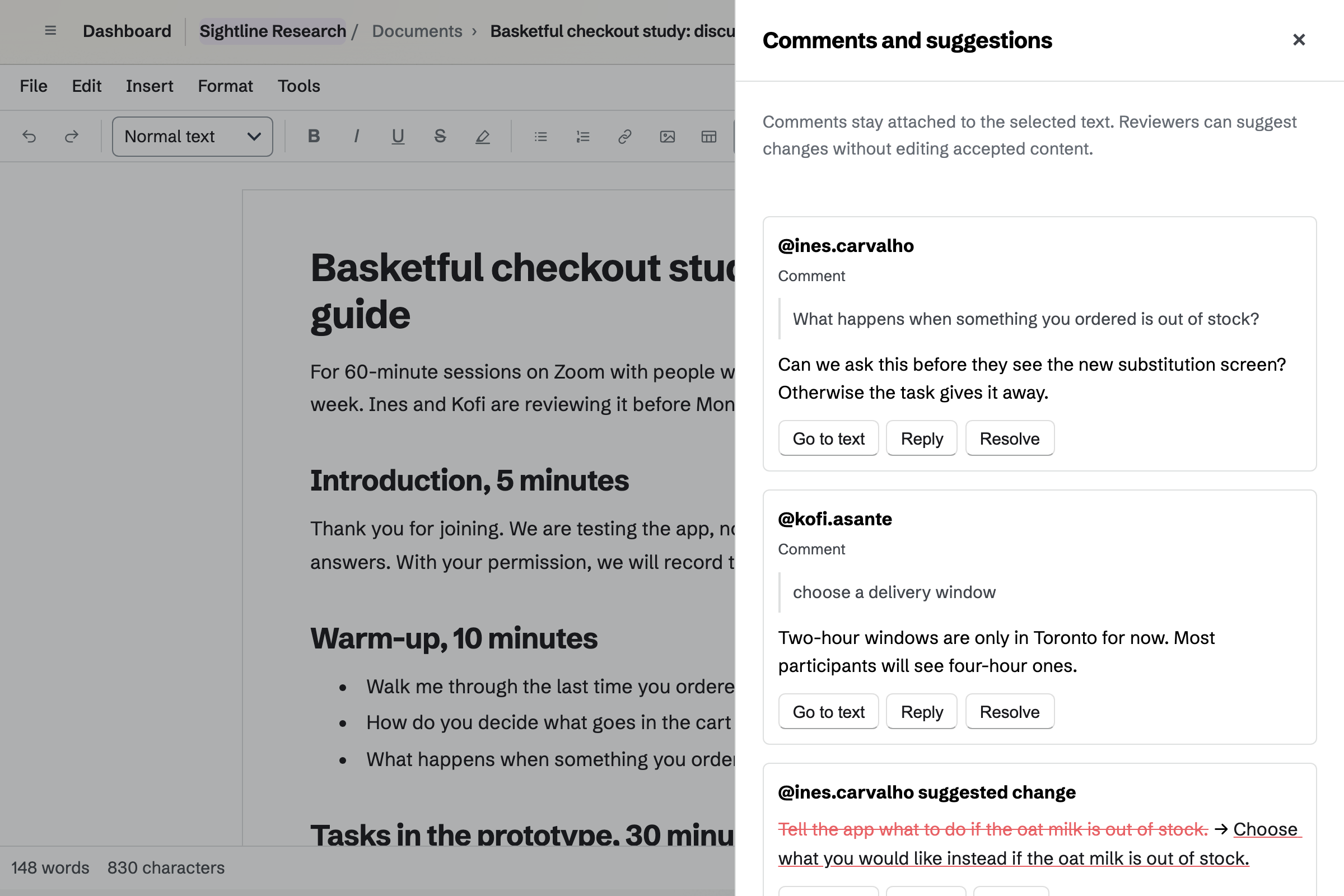 Sightline Research’s discussion guide for the Basketful checkout study, open for review, with comments and suggested wording from Basketful’s product manager and designer beside the questions.