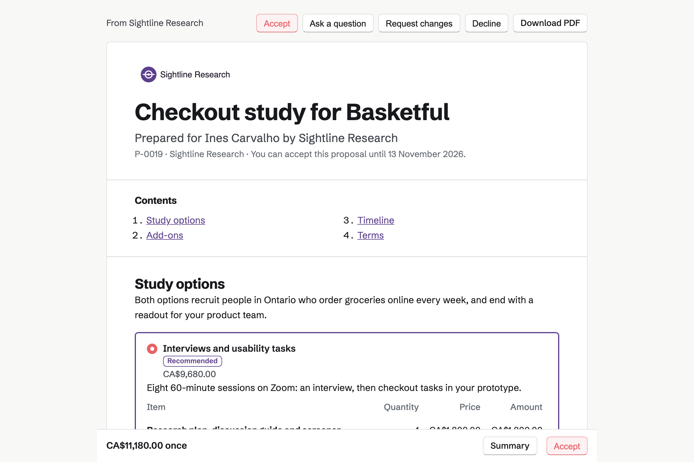 A proposal from Sightline Research to Basketful for a checkout study, as the product manager sees it: the cover, the list of contents, the recommended option of interviews with usability tasks chosen, and the total in a bar at the foot of the screen.