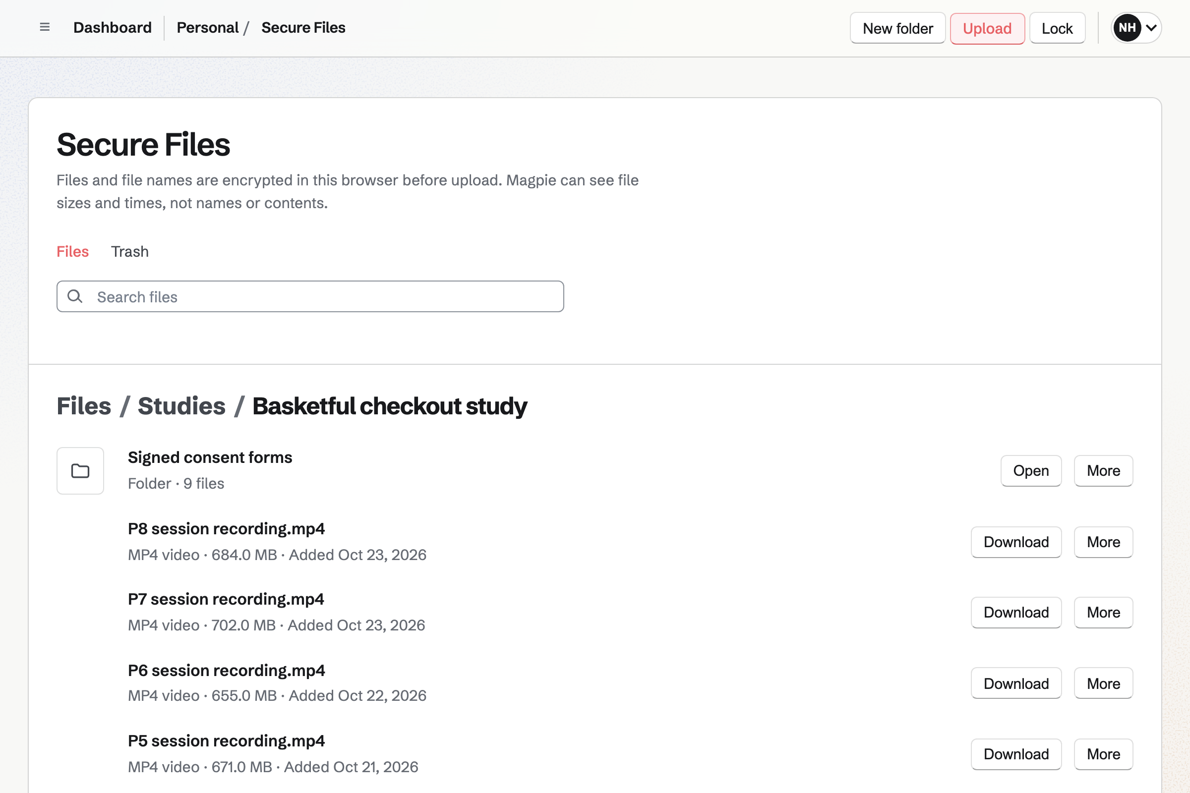 Secure Files in Personal, open in the Basketful checkout study folder: a folder of signed consent forms above the session recordings, MP4 files of about 700 MB each.