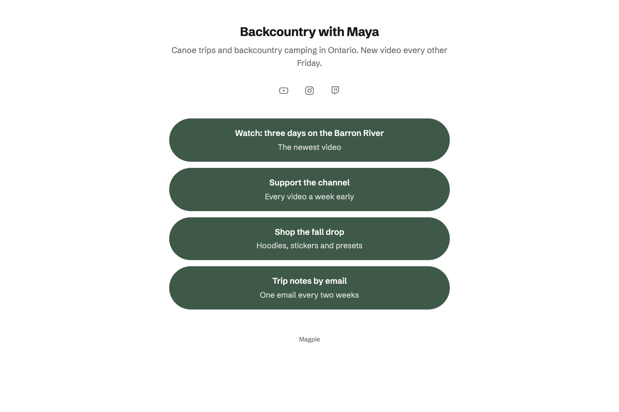 Backcountry with Maya’s Link-In-Bio List page: the channel’s name and line, links to the newest video, the supporters page, the shop and the newsletter, with YouTube, Instagram and Twitch icons.