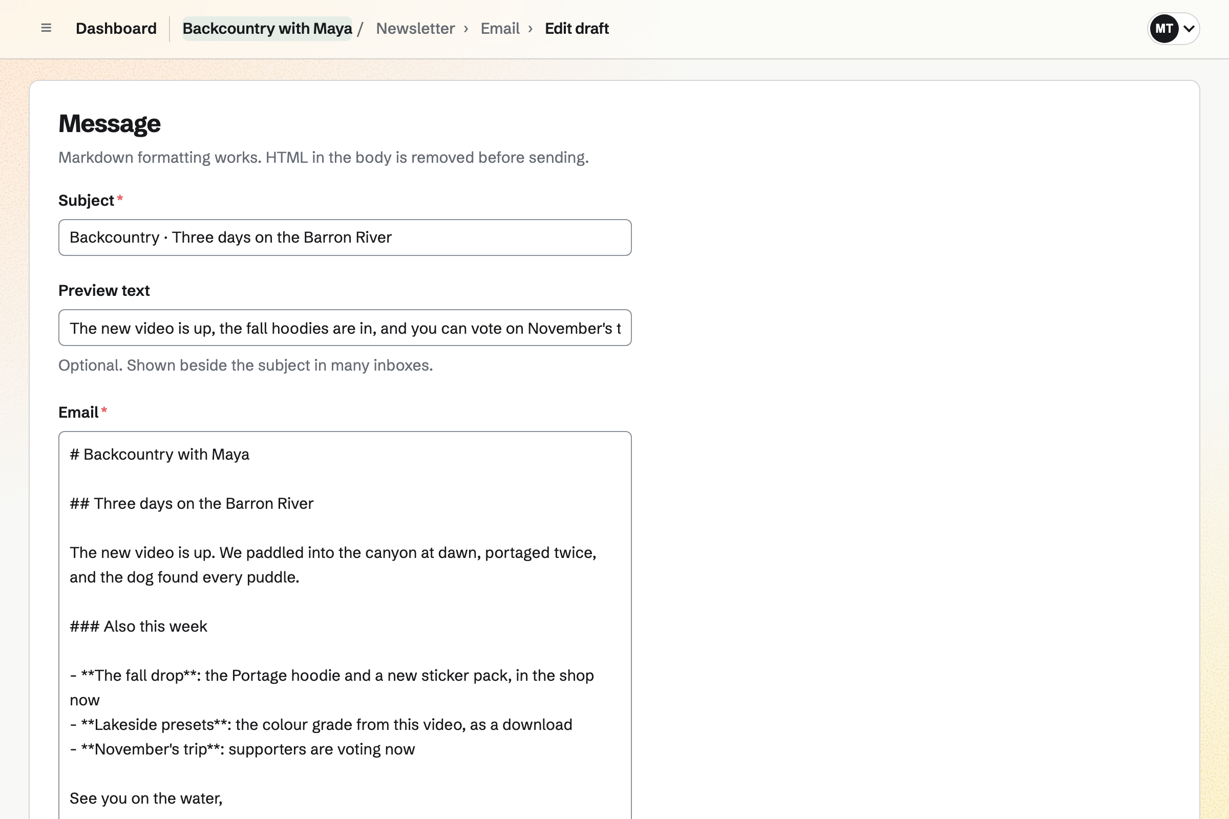 Backcountry with Maya’s newsletter in the composer: its subject, preview text and Markdown text about the new video, the fall merch drop and the next trip.