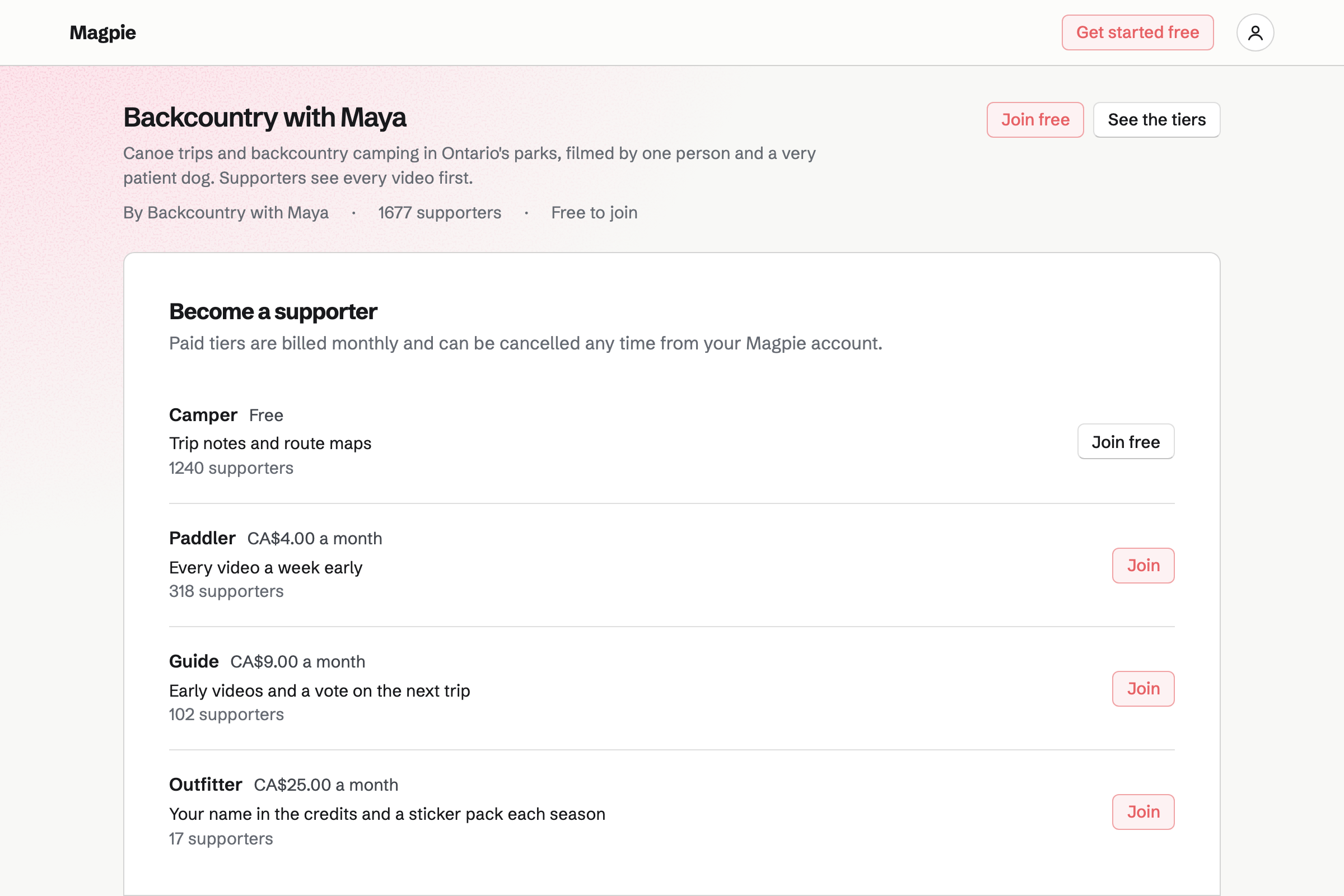 Backcountry with Maya’s supporters page: a free tier and three monthly tiers with their prices, benefits and supporter counts.