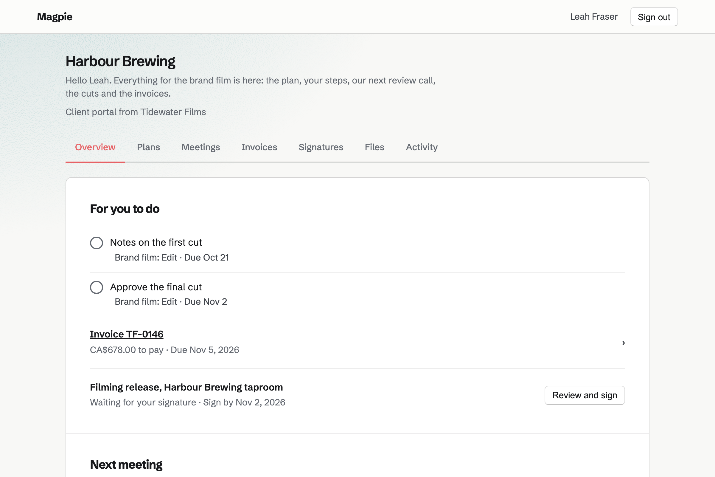 Harbour Brewing’s portal from Tidewater Films: the client’s steps on the brand film under For you to do, an invoice for aerial filming, and a filming release waiting for their signature.