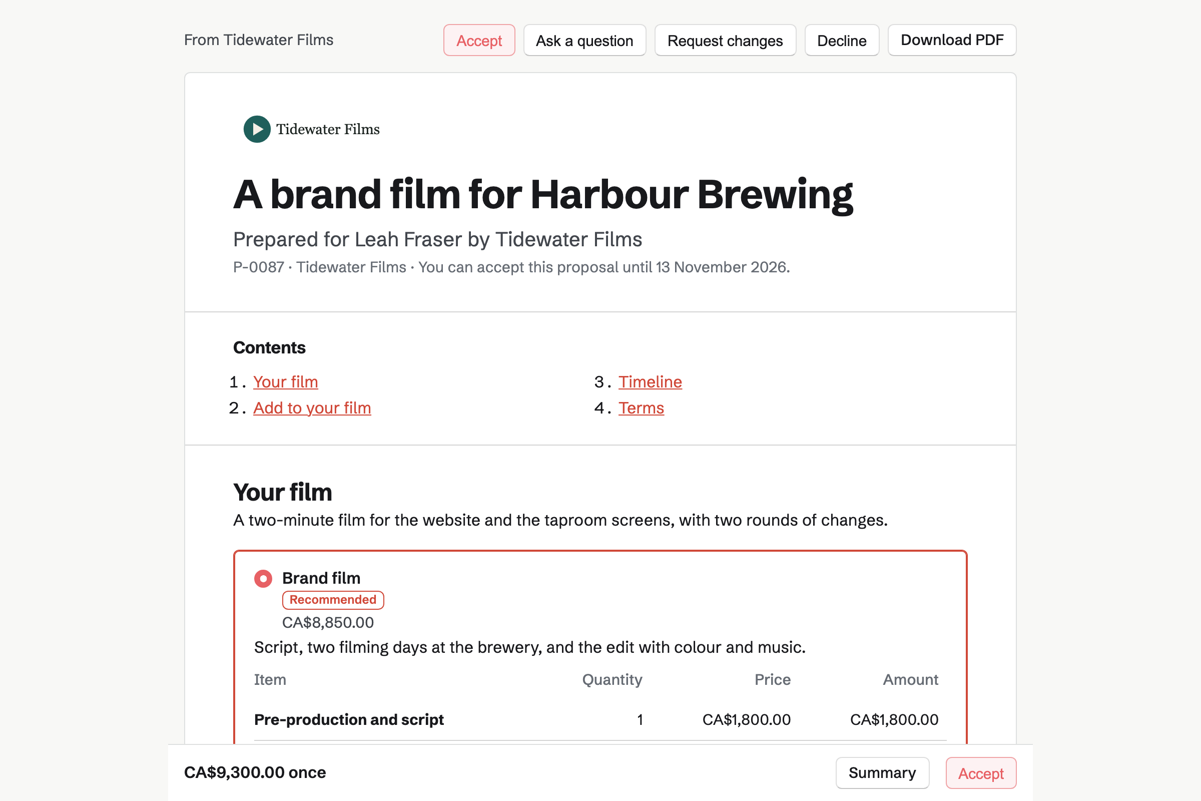 A brand film proposal from Tidewater Films for Harbour Brewing, with the cover, the list of contents, the costs from pre-production to editing, and the total in a bar at the foot of the screen.