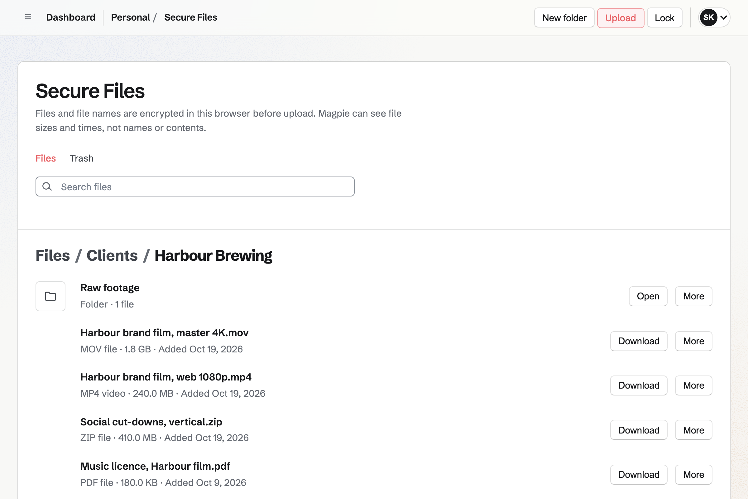 Tidewater Films’ Secure Files, open on the Harbour Brewing folder: the final masters, the social cut-downs and the project file, with a Raw footage folder.