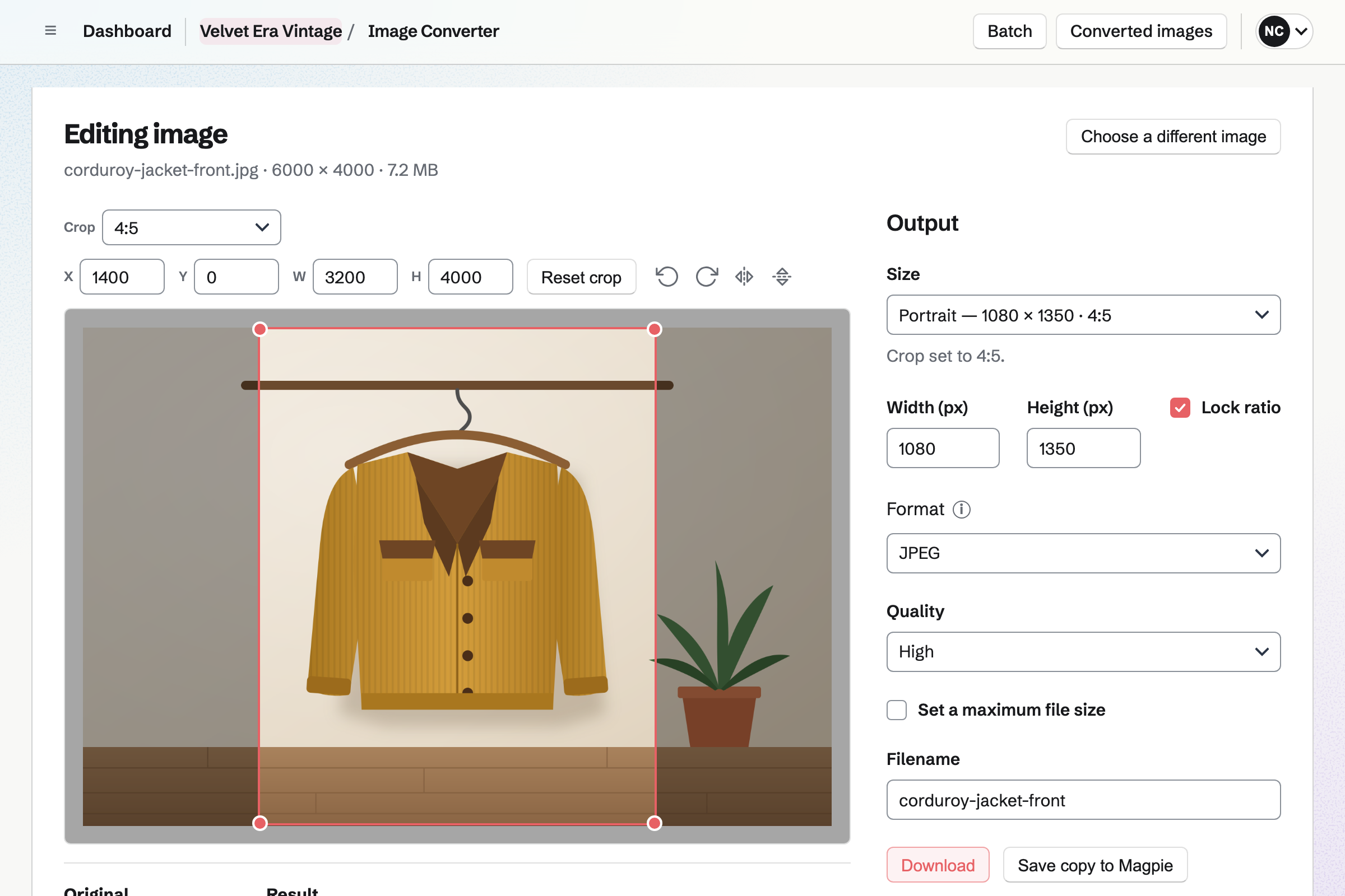 Nia Campbell’s photo of a mustard corduroy jacket open in Image Converter, cropped to Portrait (1080 × 1350, 4:5) around the jacket, with the output size, format and quality beside it.