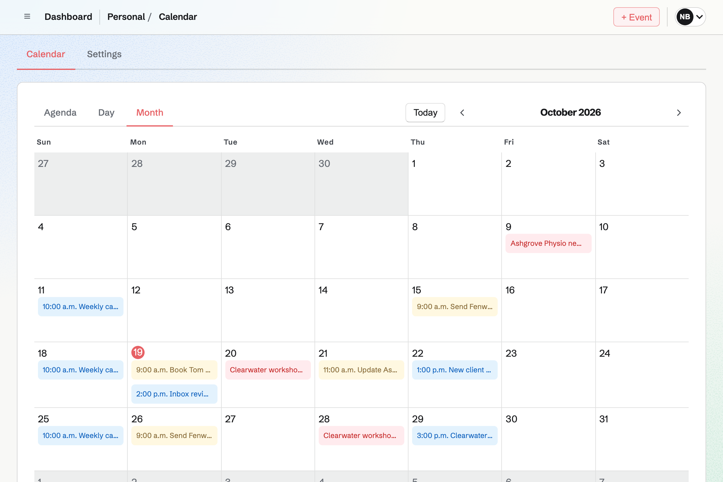 Nadia Brennan’s Personal calendar for the month: her client calls, To-dos and deadlines, each on its date.