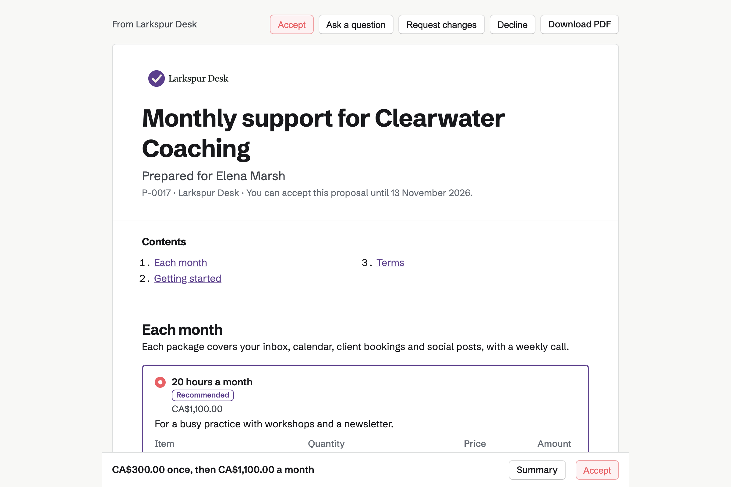 A monthly support proposal from Larkspur Desk for Clearwater Coaching, with the cover, the recommended twenty-hour package chosen and the monthly total in a bar at the foot of the screen.