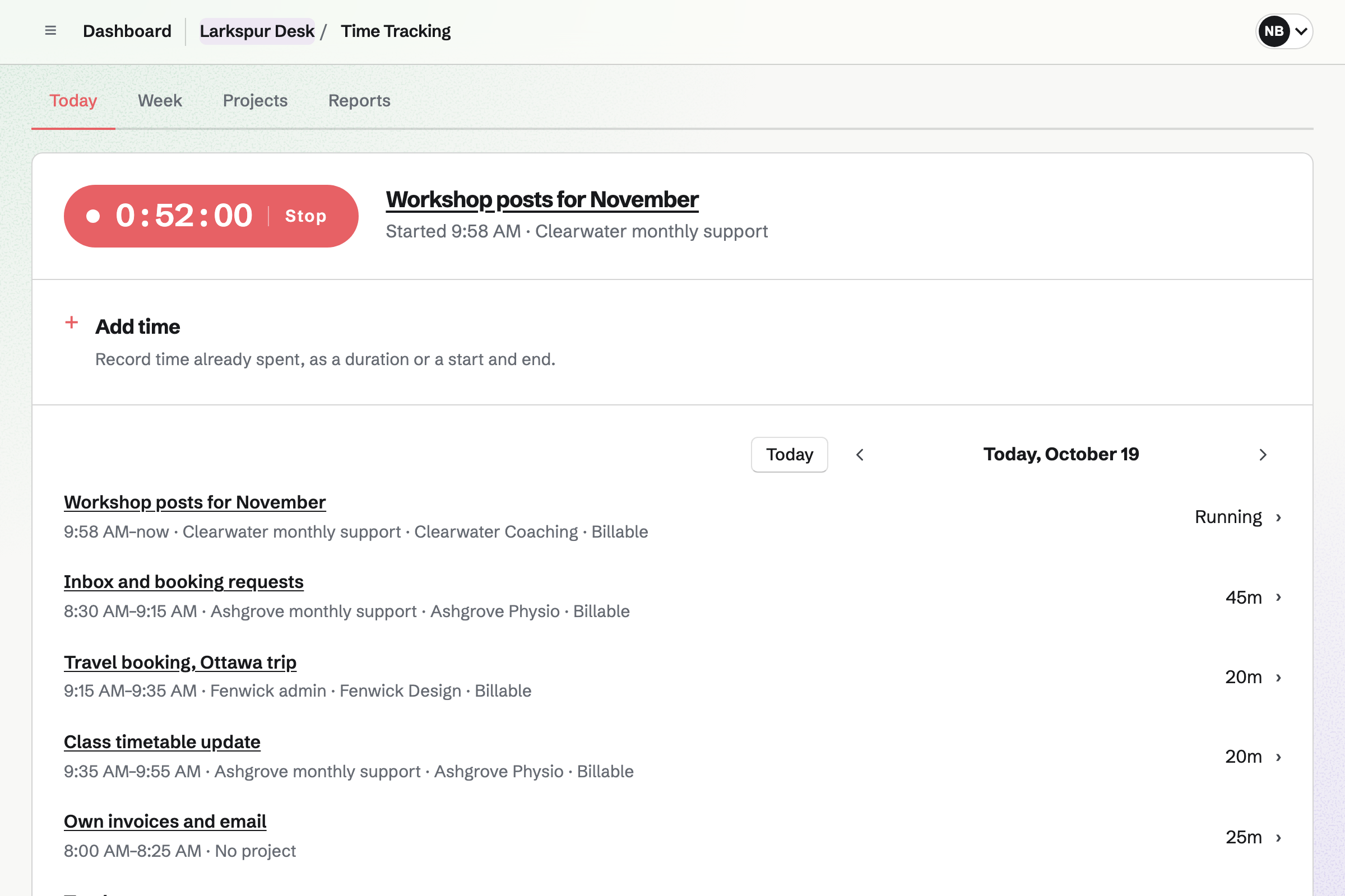 Larkspur Desk’s Time Tracking: a timer running on Clearwater Coaching’s monthly support, and the morning’s entries for other clients.