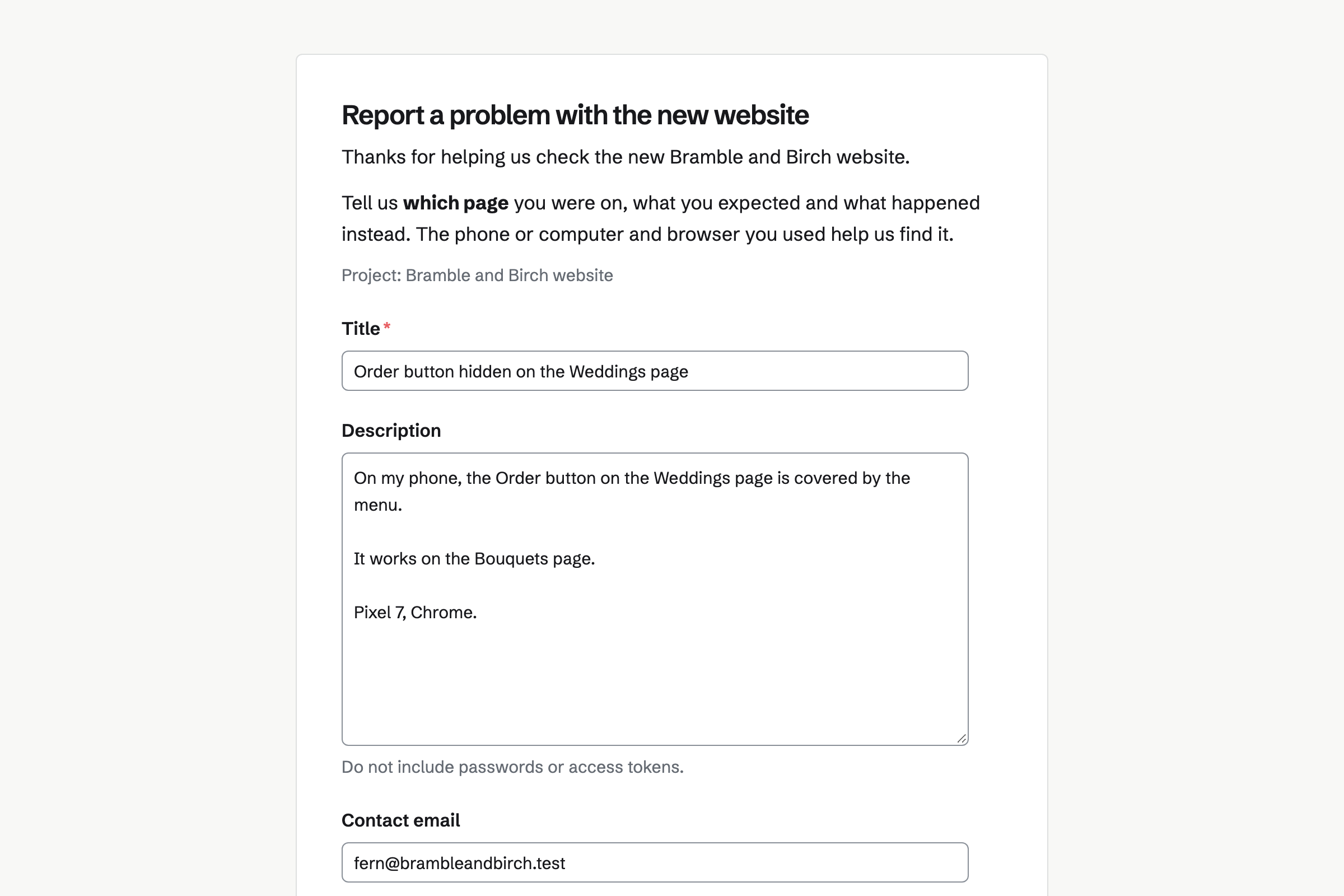 The public bug report form for the Bramble and Birch website, with a report filled in about the order button on a phone.