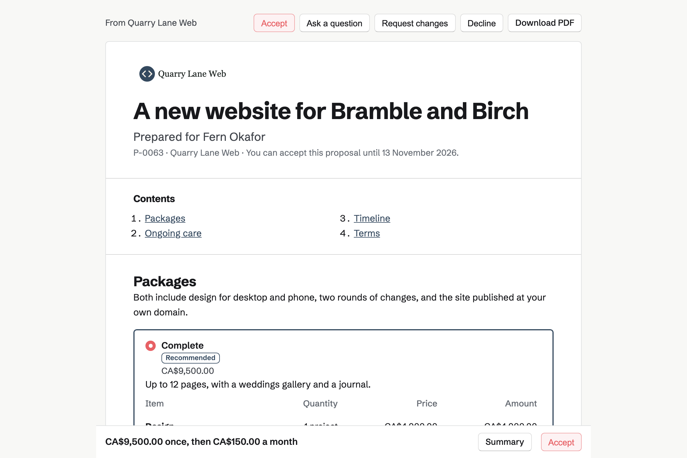A website proposal from Quarry Lane Web for Bramble and Birch Florists, with the cover, the list of contents, the recommended larger site chosen and the totals in a bar at the foot of the screen.