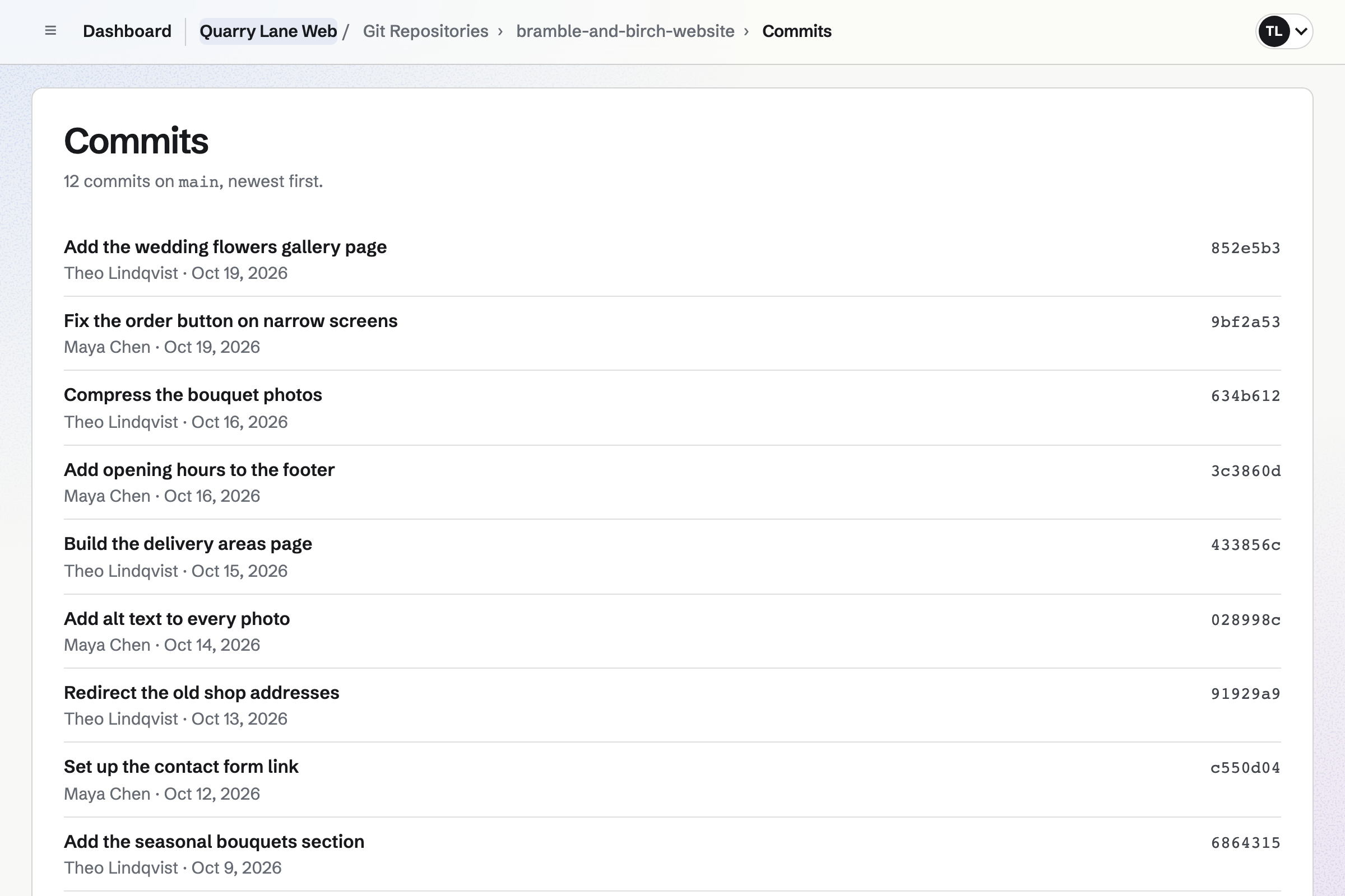 The Bramble and Birch website’s repository at Quarry Lane Web: the main branch’s commits, newest first, from the gallery page to the first commit.