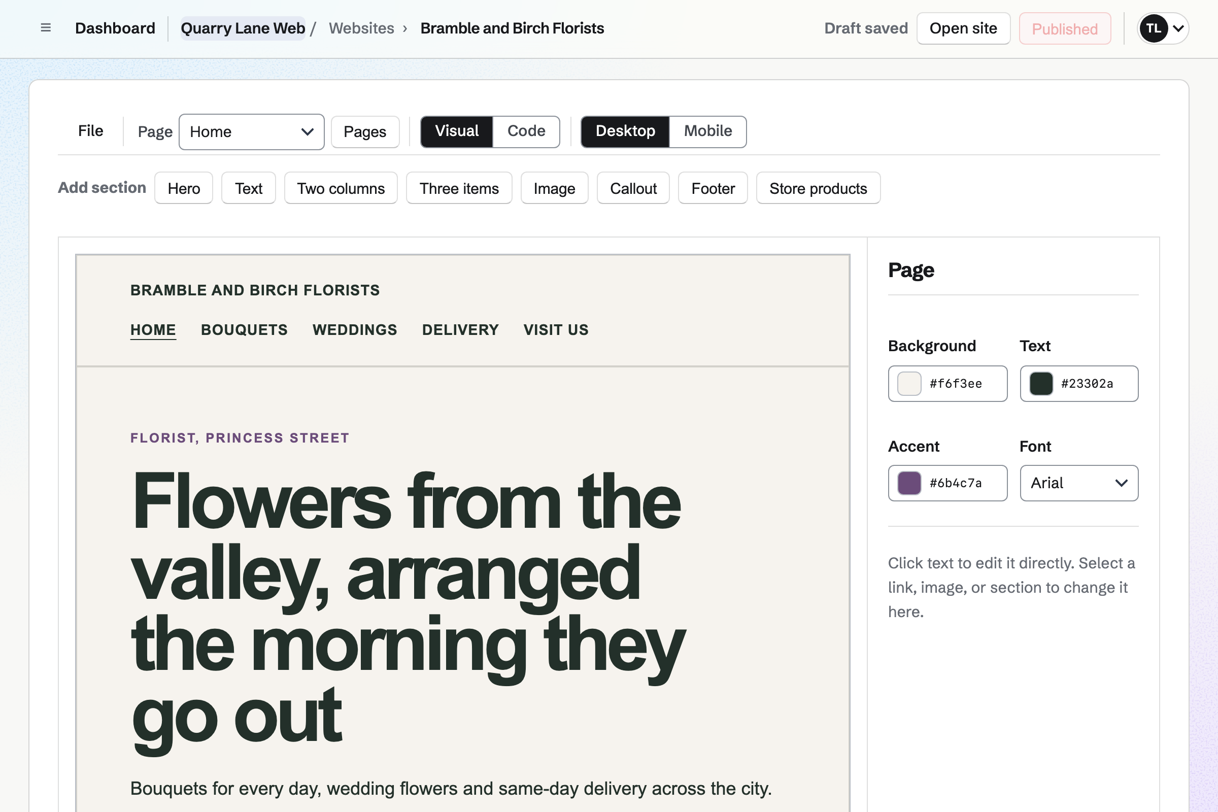 Bramble and Birch Florists’ new website in the editor, built by Quarry Lane Web: the home page’s heading and the menu of its five pages.
