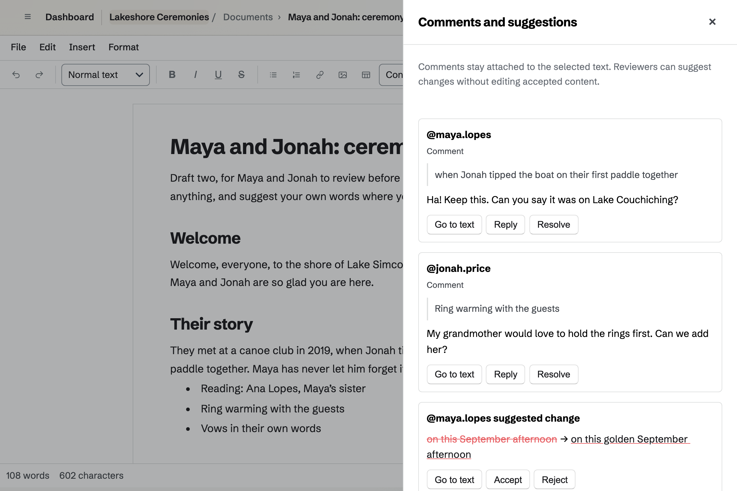 Lakeshore Ceremonies’ ceremony script for Maya and Jonah open for review, with the couple’s comments and their suggested wording beside the text.