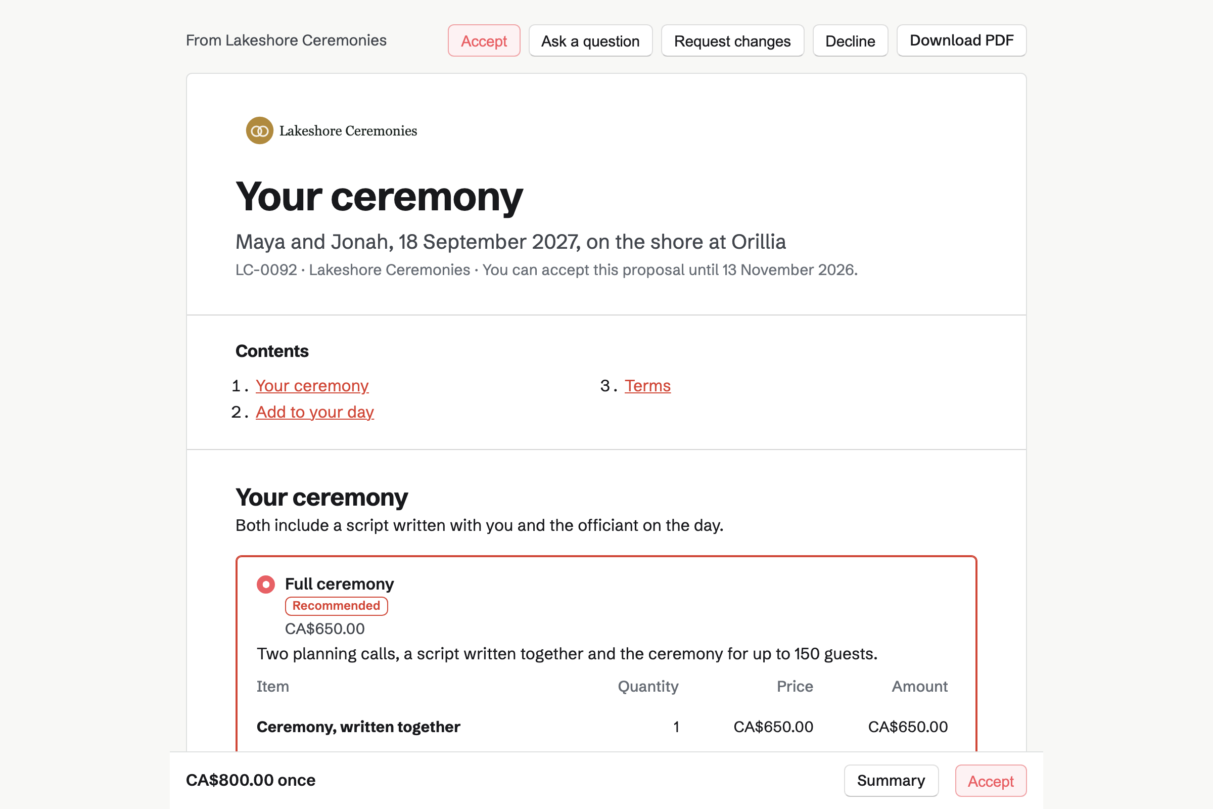 A ceremony proposal from Lakeshore Ceremonies for Maya Lopes and Jonah Price, with the cover, the list of contents, the full ceremony chosen and the total in a bar at the foot of the screen.