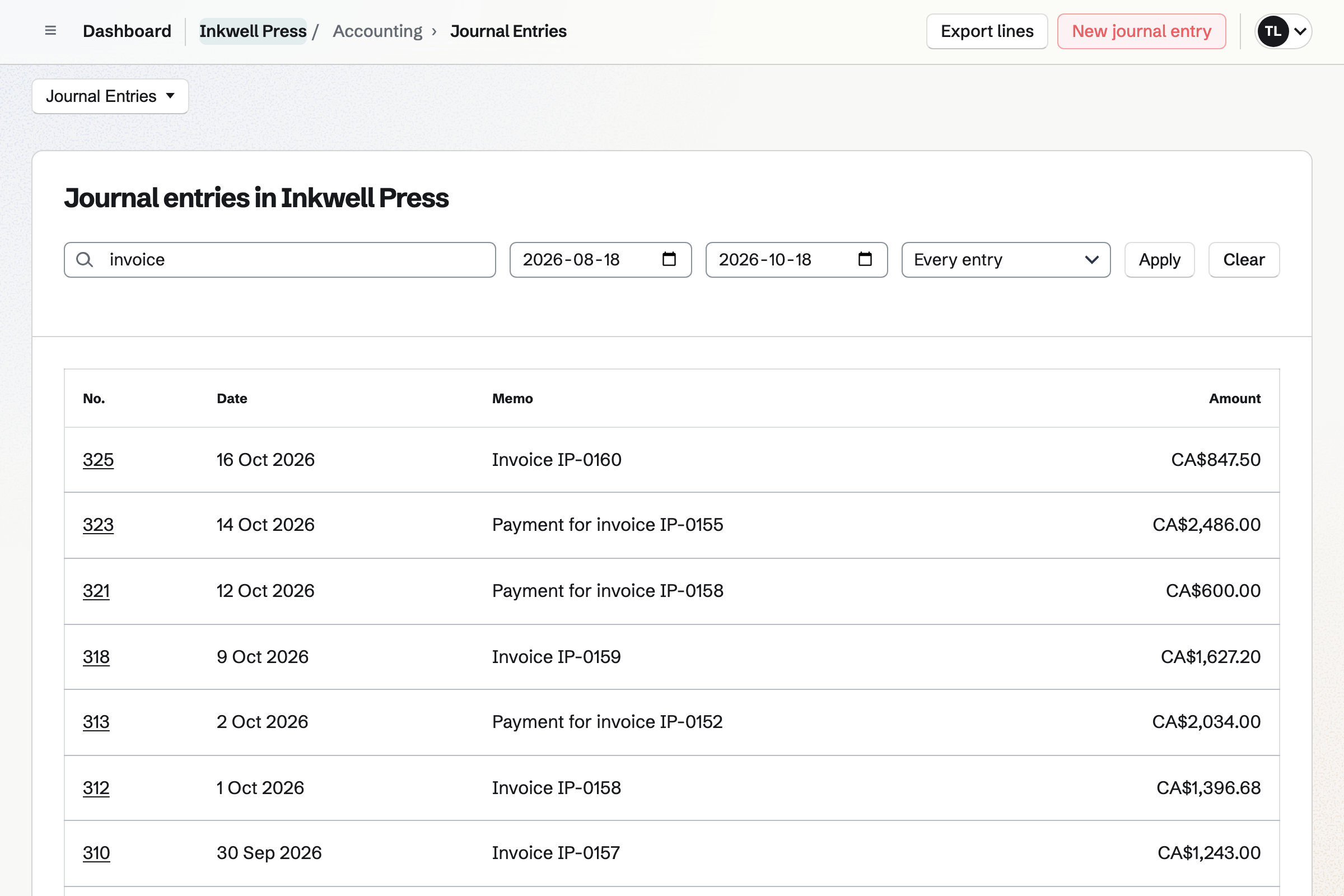 Inkwell Press’s Journal Entries in Accounting, narrowed to invoices: each wholesale invoice issued and each payment received over the last two months, newest first, with its memo and amount.