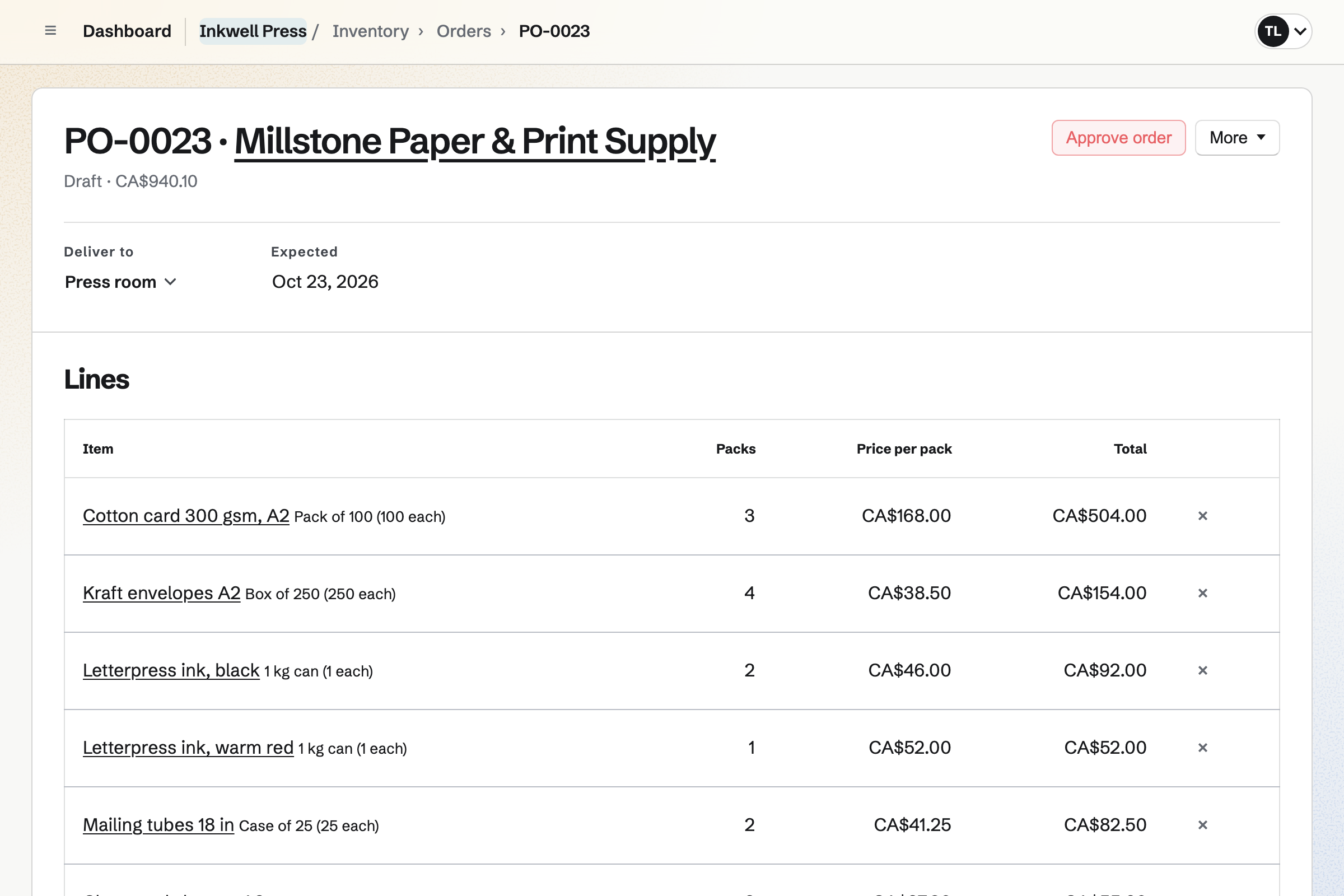 A draft Inkwell Press purchase order to Millstone Paper & Print Supply in Inventory: cotton card, envelopes, letterpress ink and mailing tubes, each with its packs and price, to be delivered to the press room.