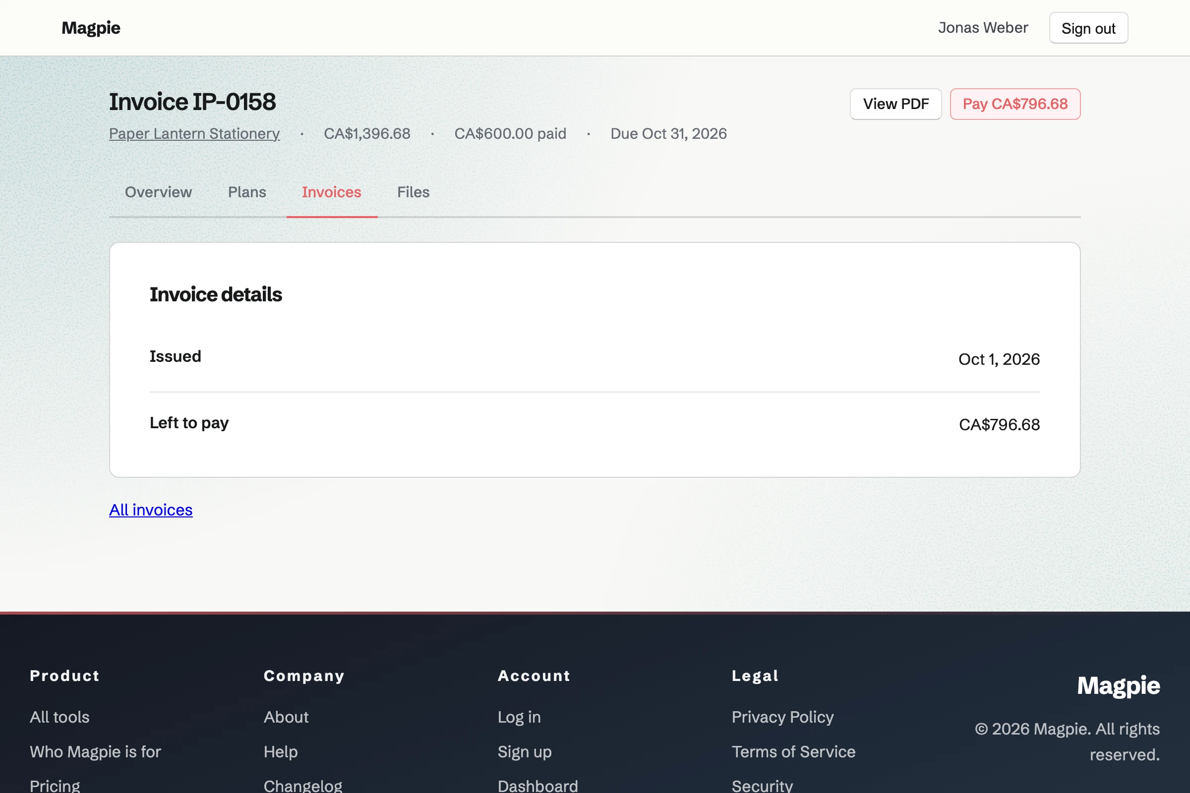 Inkwell Press’s invoice IP-0158 as the stockist Paper Lantern Stationery sees it in its Client Portal: the total, the CA$600.00 already paid, what is left, and a Pay button to pay the balance by card.