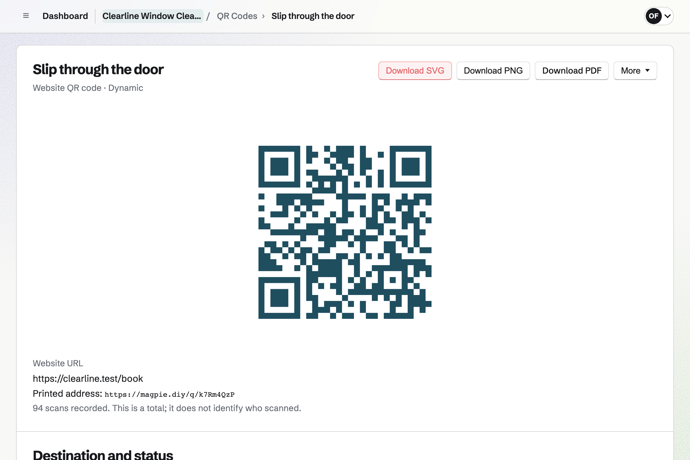 Clearline Window Cleaning’s dynamic QR code for the slip through the door: it opens the booking page, was pointed at the quote form before, and has been scanned 94 times.
