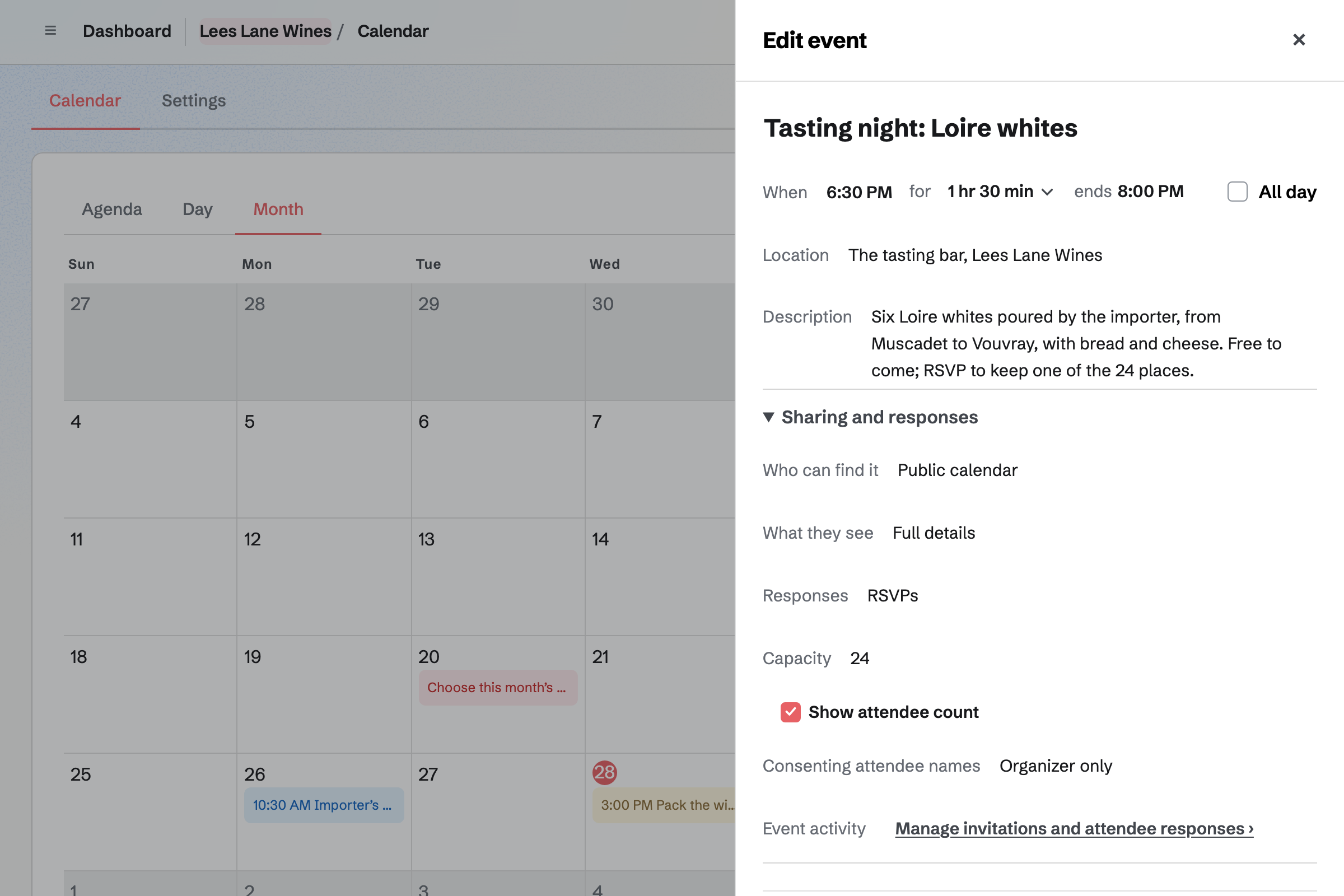 Lees Lane Wines’ tasting night of Loire whites in the new event drawer: on the shop’s public calendar with RSVPs up to 24 places and the attendee count shown, beside the month with deliveries, the club cases and the winemaker’s dinner.