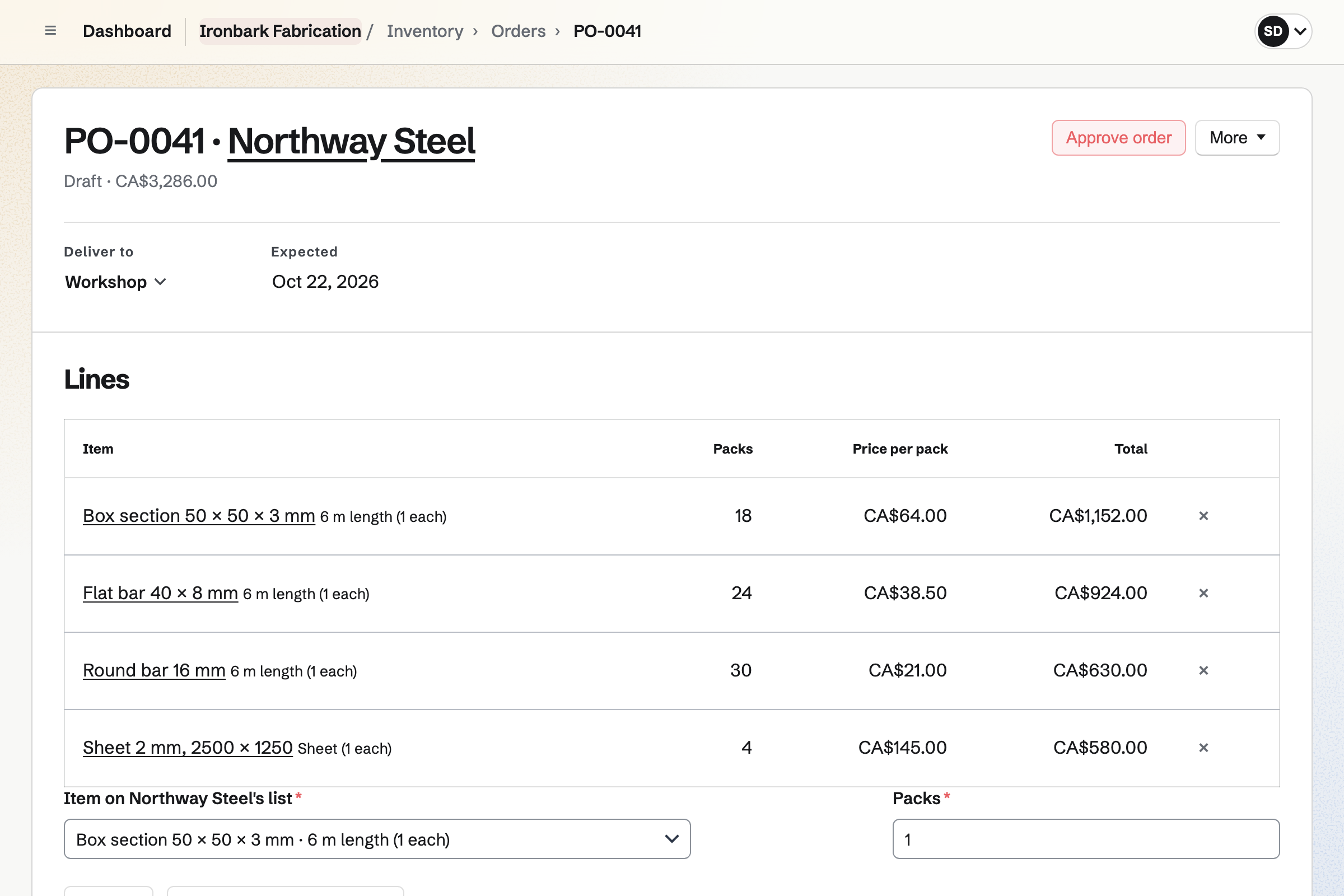 Ironbark Fabrication’s purchase order 41 to Northway Steel in Inventory: box section, flat bar, round bar and sheet in the supplier’s lengths and prices, for delivery to the workshop.