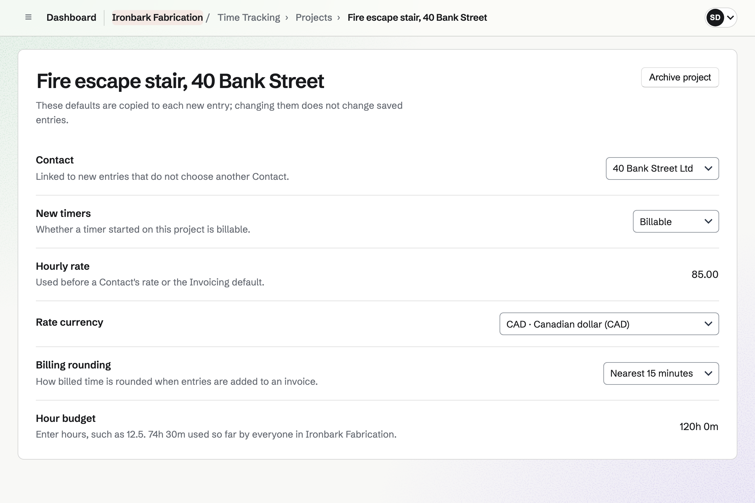 Ironbark Fabrication’s fire escape job in Time Tracking: linked to the customer’s contact, billable at 85 an hour, rounded to the nearest 15 minutes, with a budget of 120 hours.