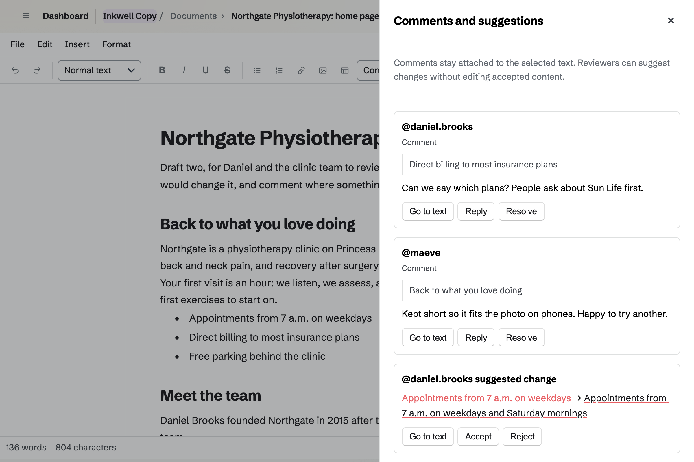 Maeve Hollis’s draft of the Northgate Physiotherapy home page in review, with the client’s comments and suggested changes beside the text.
