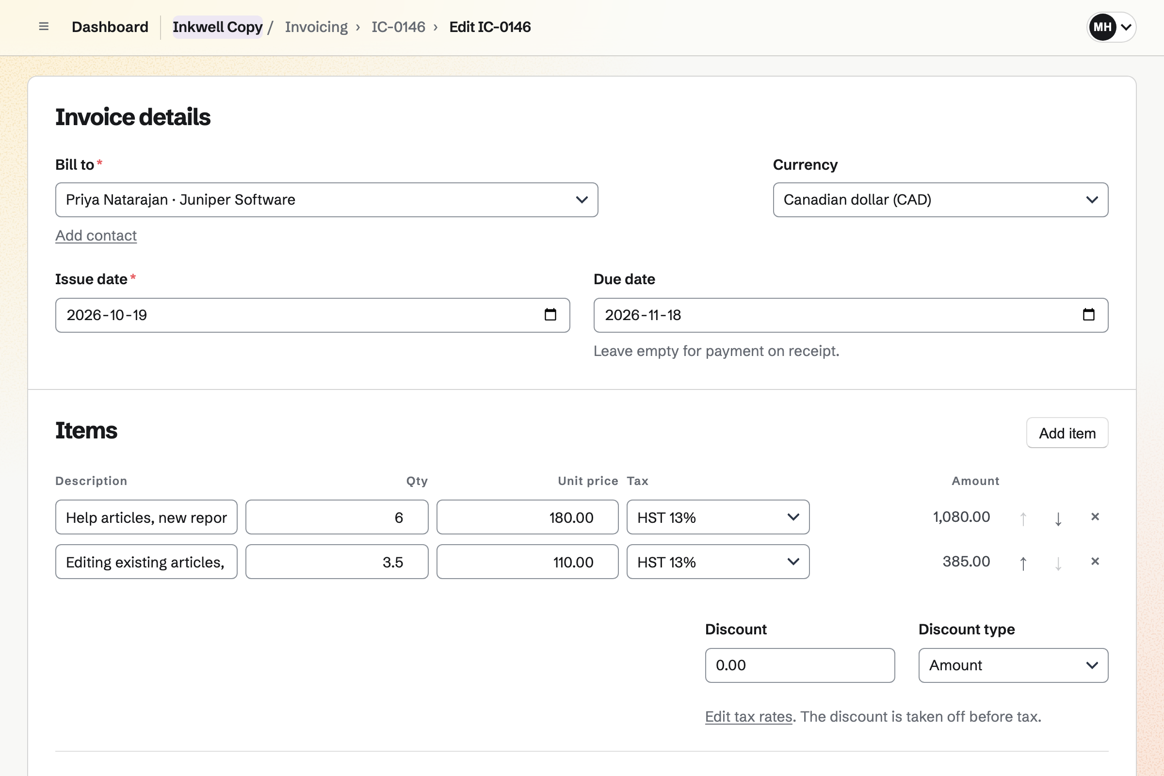 An invoice to Juniper Software being written at Inkwell Copy: help articles by the piece and hours of editing, with HST.