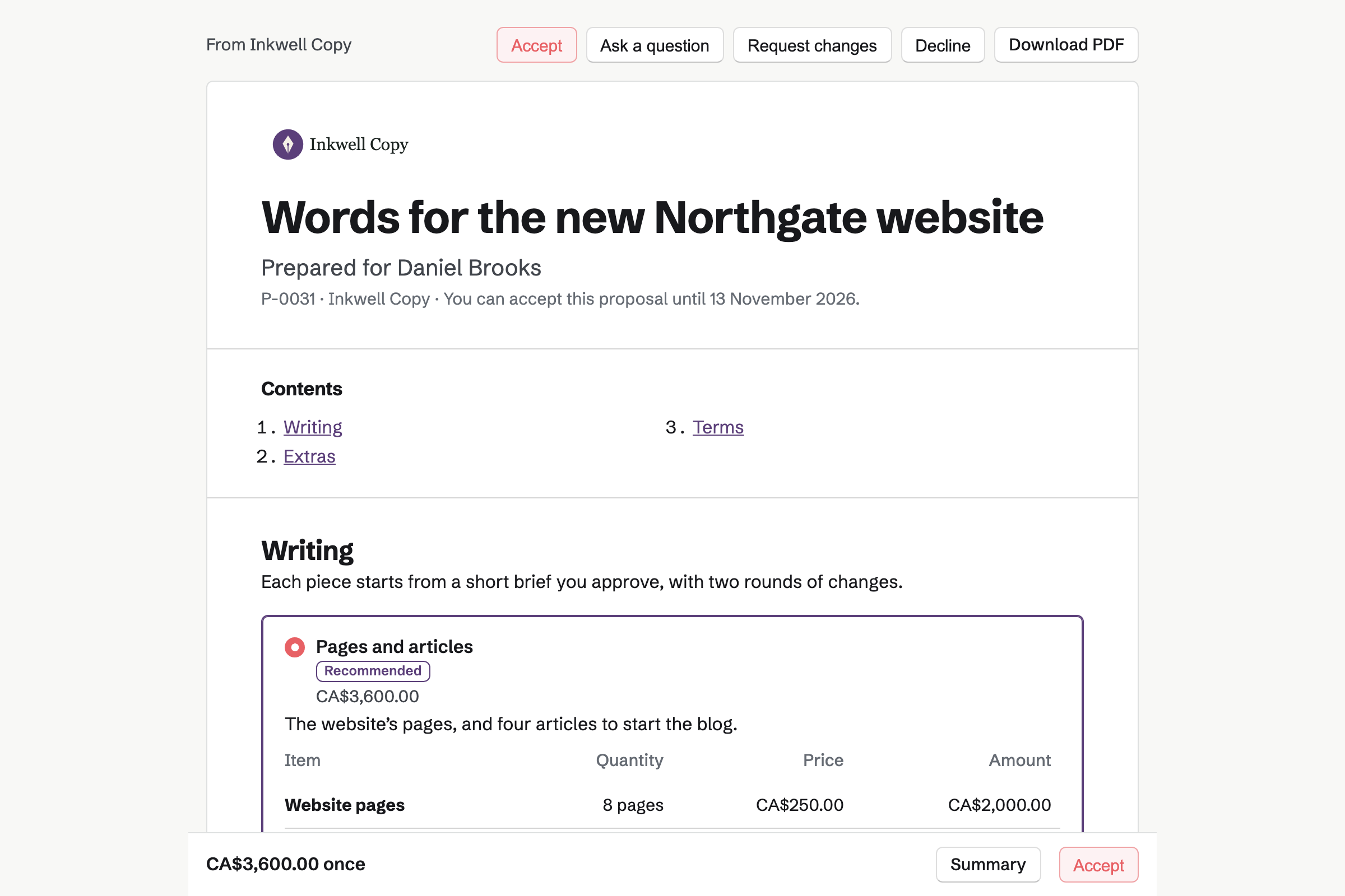 A website copy proposal from Inkwell Copy for Northgate Physiotherapy, with the cover, the list of contents, the recommended pages and articles package chosen and the total in a bar at the foot of the screen.