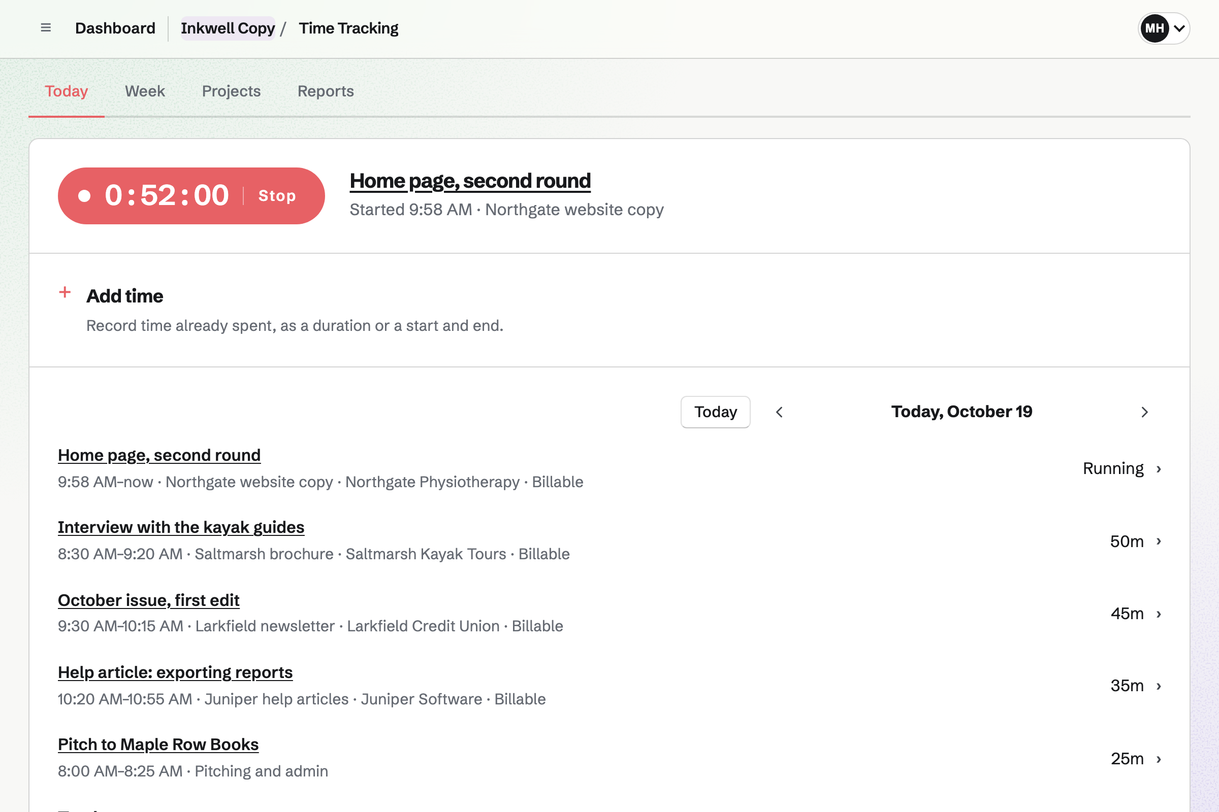 Inkwell Copy’s Time Tracking: a timer running on the Northgate home page, and the morning’s entries for other clients.