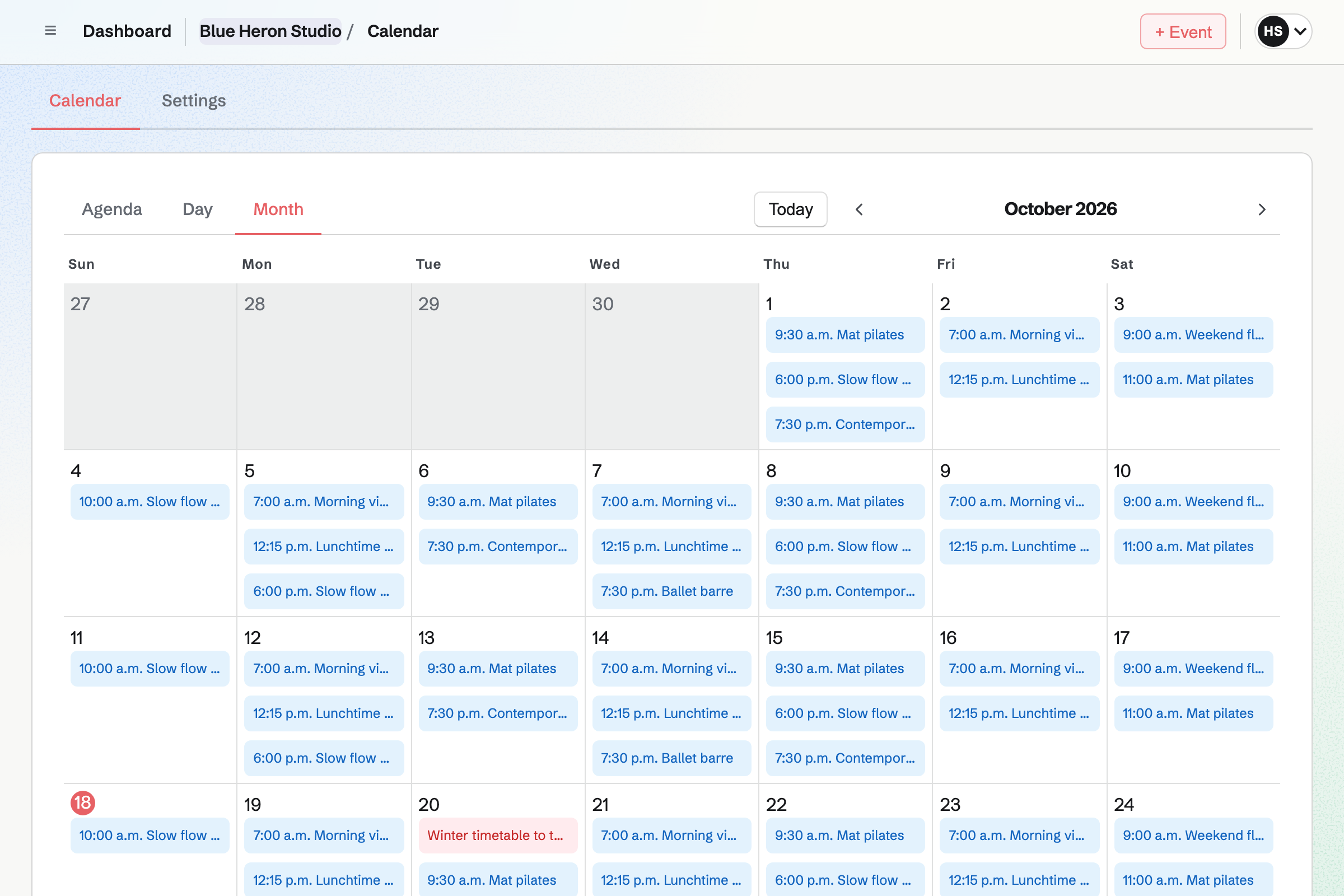 Blue Heron Studio’s team Calendar for October in Month view: the same classes each week, such as Morning vinyasa, Lunchtime reformer, Mat pilates and Slow flow and yin, each with its start time.