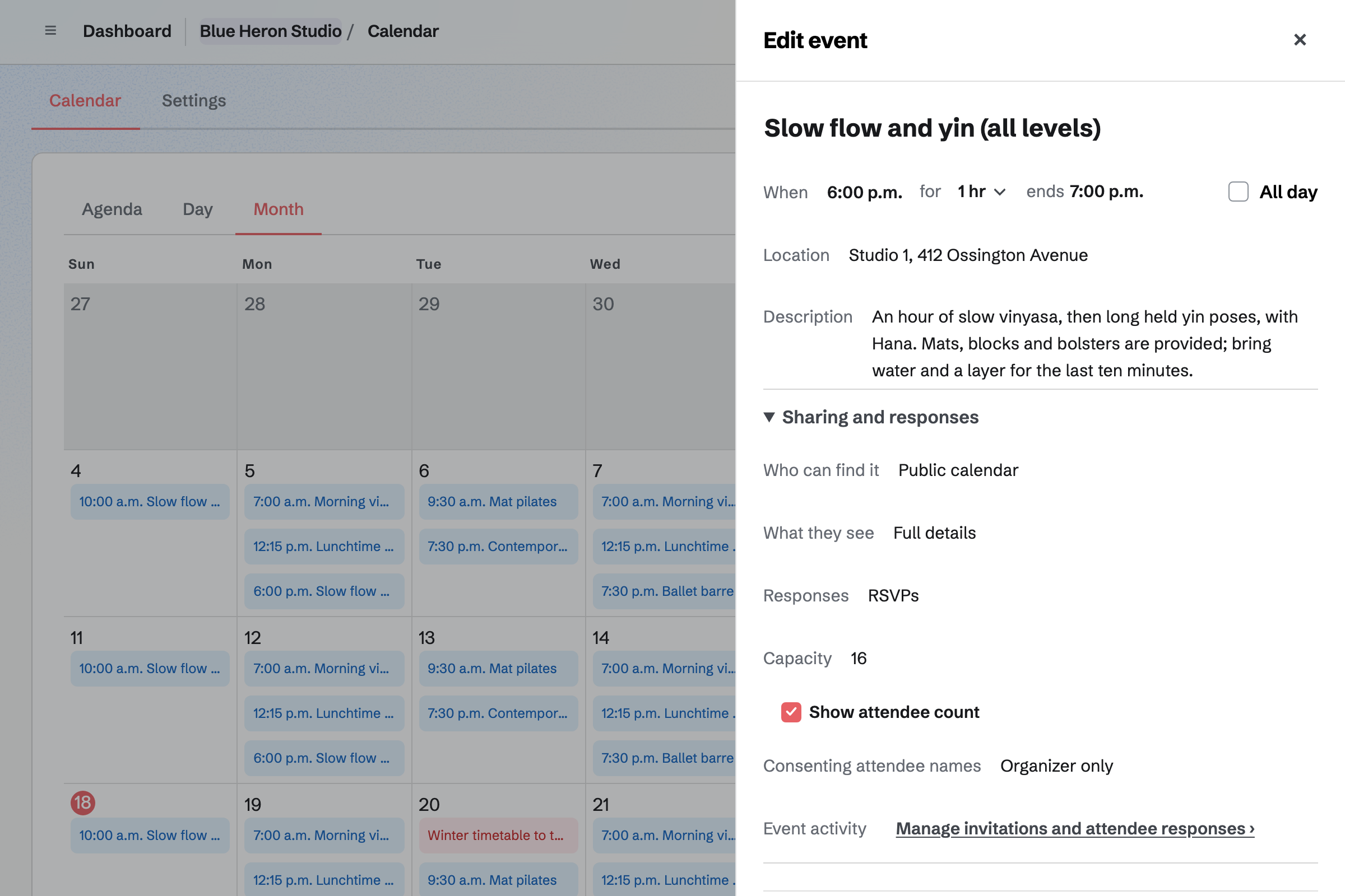 A Slow flow and yin class at Blue Heron Studio open in Calendar, with its time, room and description, set to Public calendar with RSVPs, a capacity of 16 and the attendee count shown.