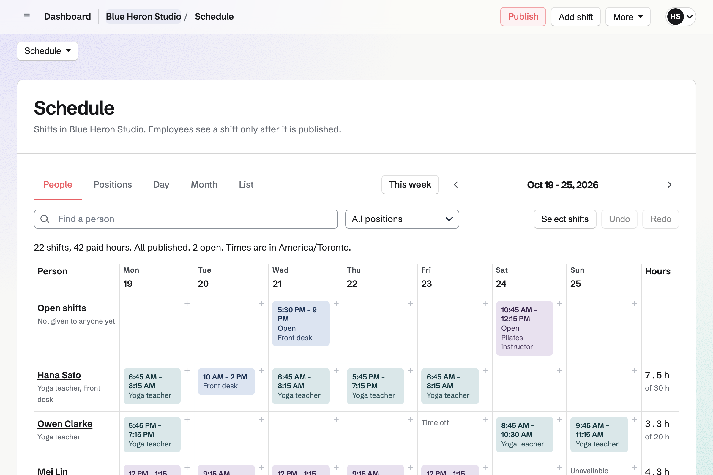 Blue Heron Studio’s week in Staff Scheduling, by person: each teacher’s classes as shifts with their times and positions, and open shifts for the front desk on Wednesday evening and a Pilates instructor on Saturday.