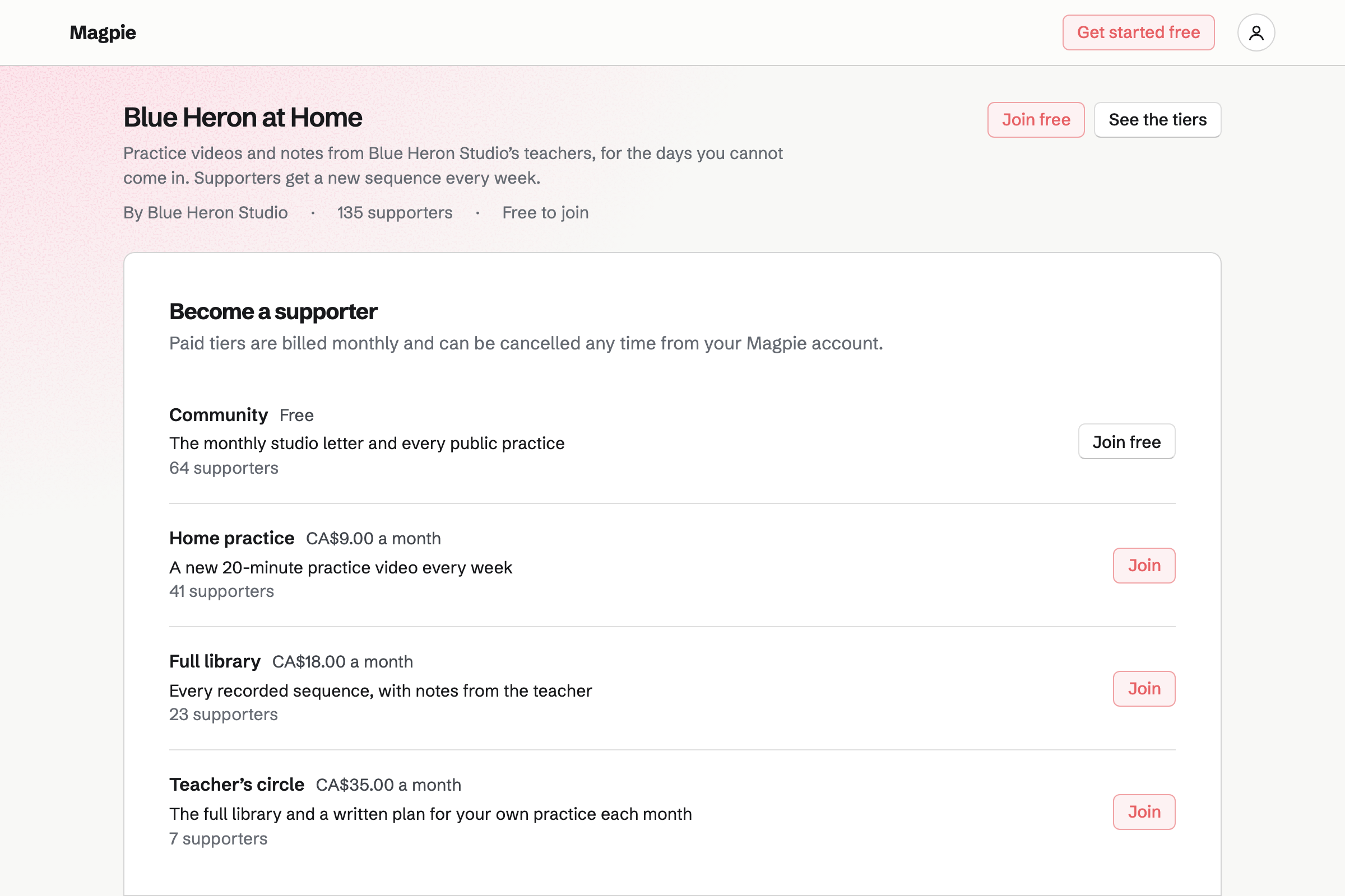 Blue Heron Studio’s supporter page: a free tier and three monthly paid tiers, each with what it gives and how many supporters it has.
