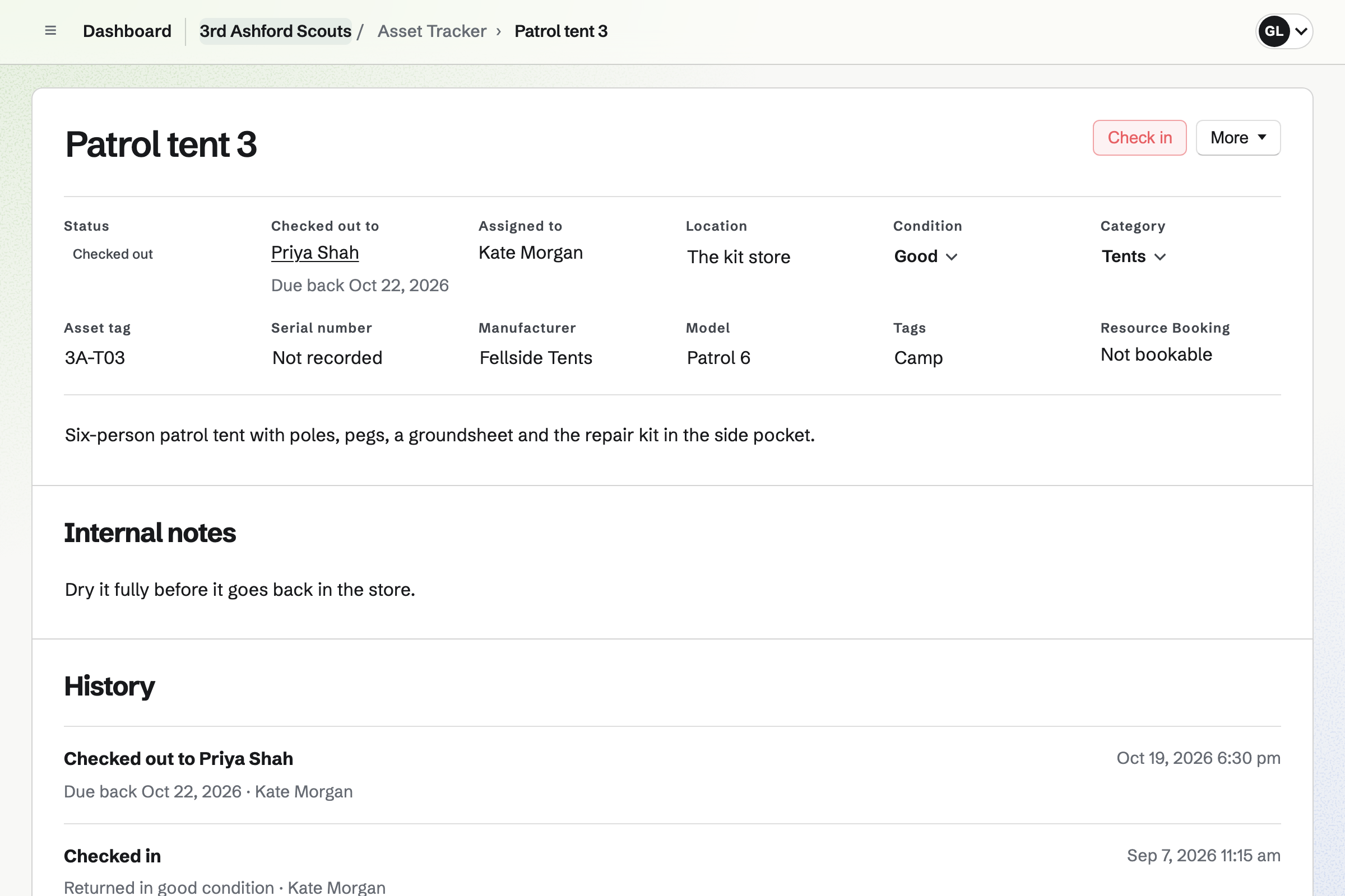 A patrol tent’s record in Asset Tracker: checked out to a Scout leader and due back in three days, with its tag, condition, category, location and what comes with it.