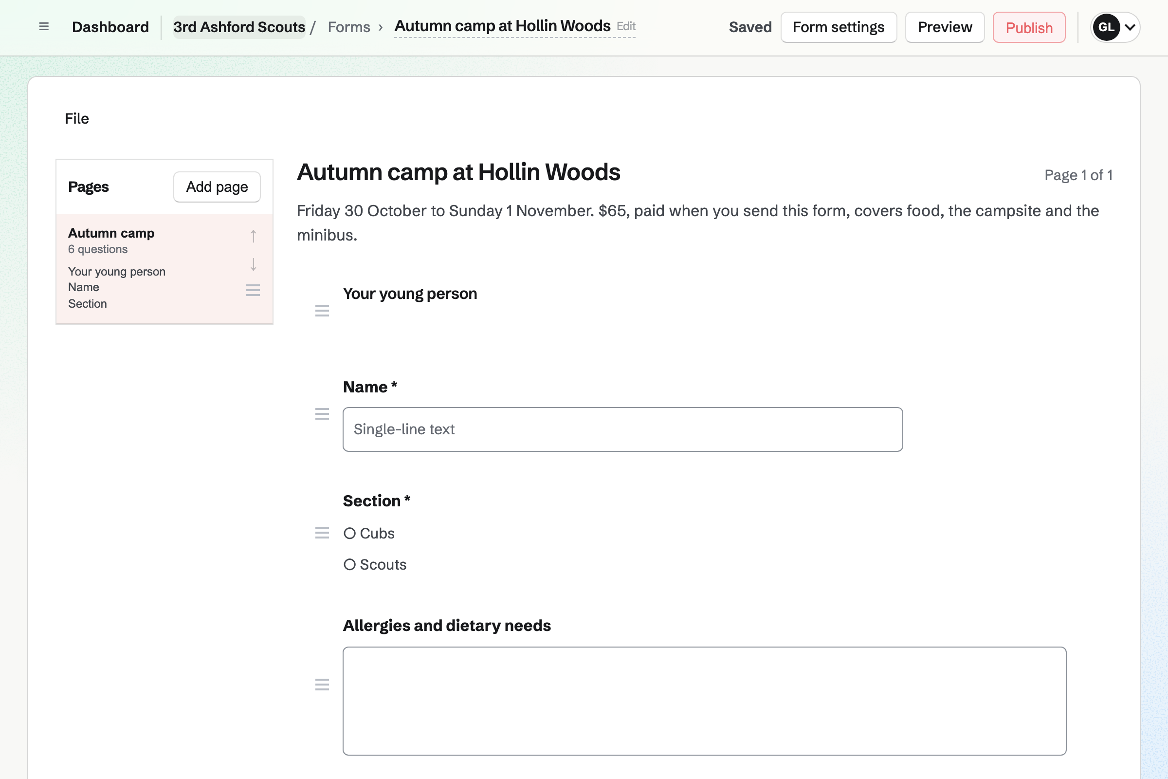 The Form builder with 3rd Ashford Scouts’ autumn camp form: the dates and cost, then questions for the young person’s name, their section, allergies and medical needs.