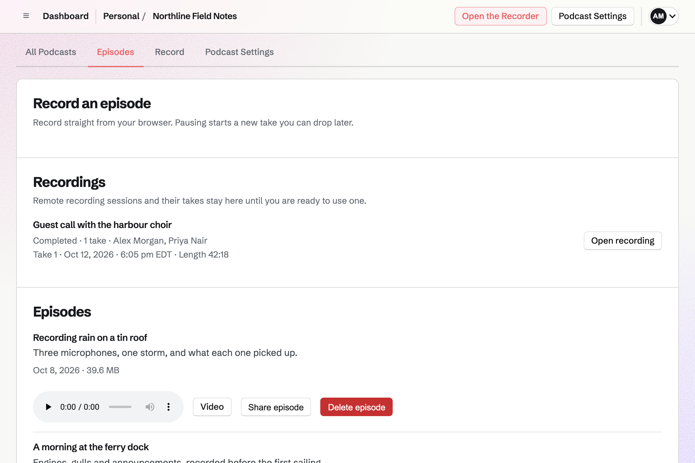 Podcast page for a fictional show, with buttons to open the Recorder and Podcast Settings, a remote recording with one take, and published episodes with descriptions, dates, file sizes and audio players.