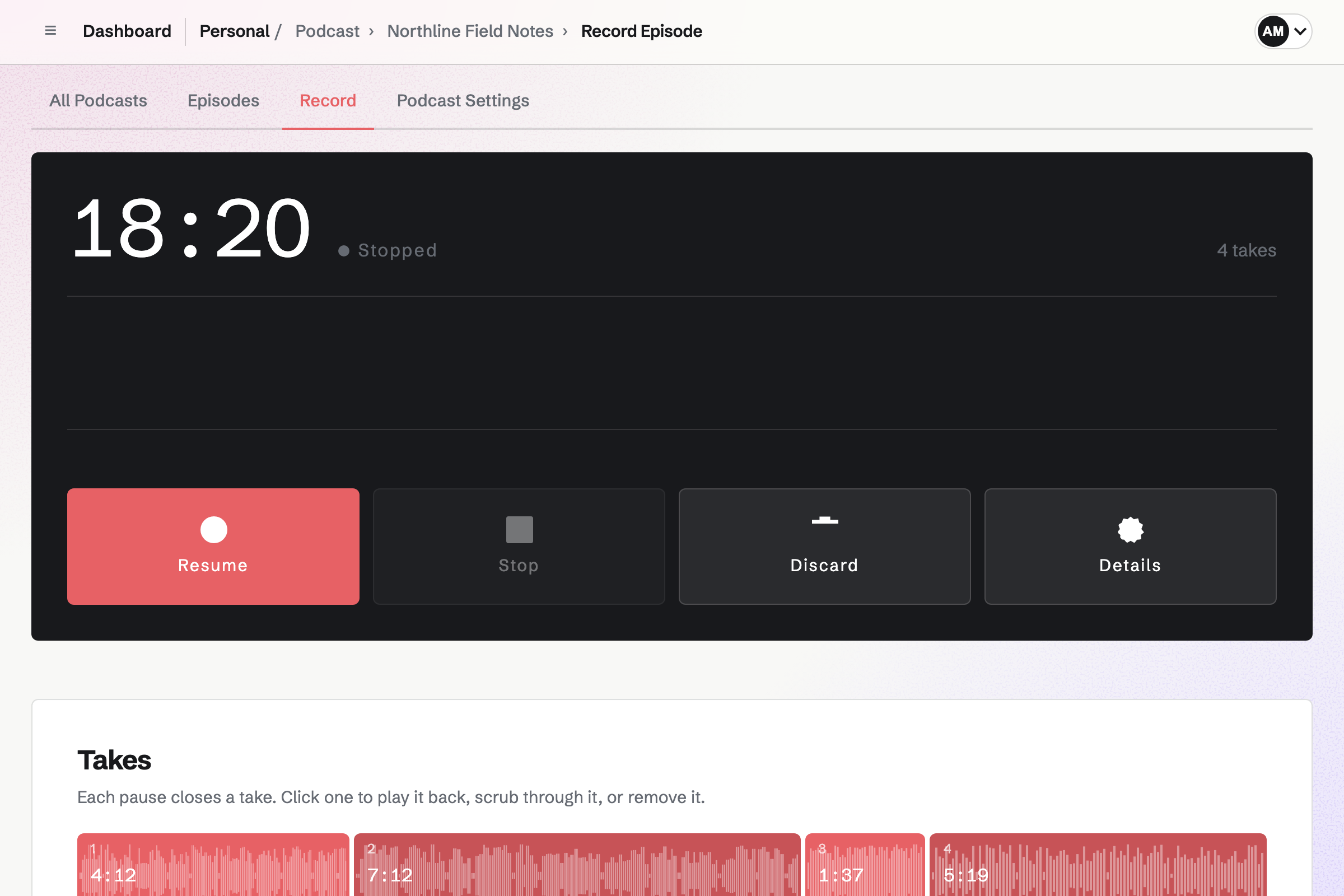 The podcast recorder for Northline Field Notes with an episode draft: 18:20 recorded in four takes, Resume, Stop, Discard and Details, and the takes below as waveforms.
