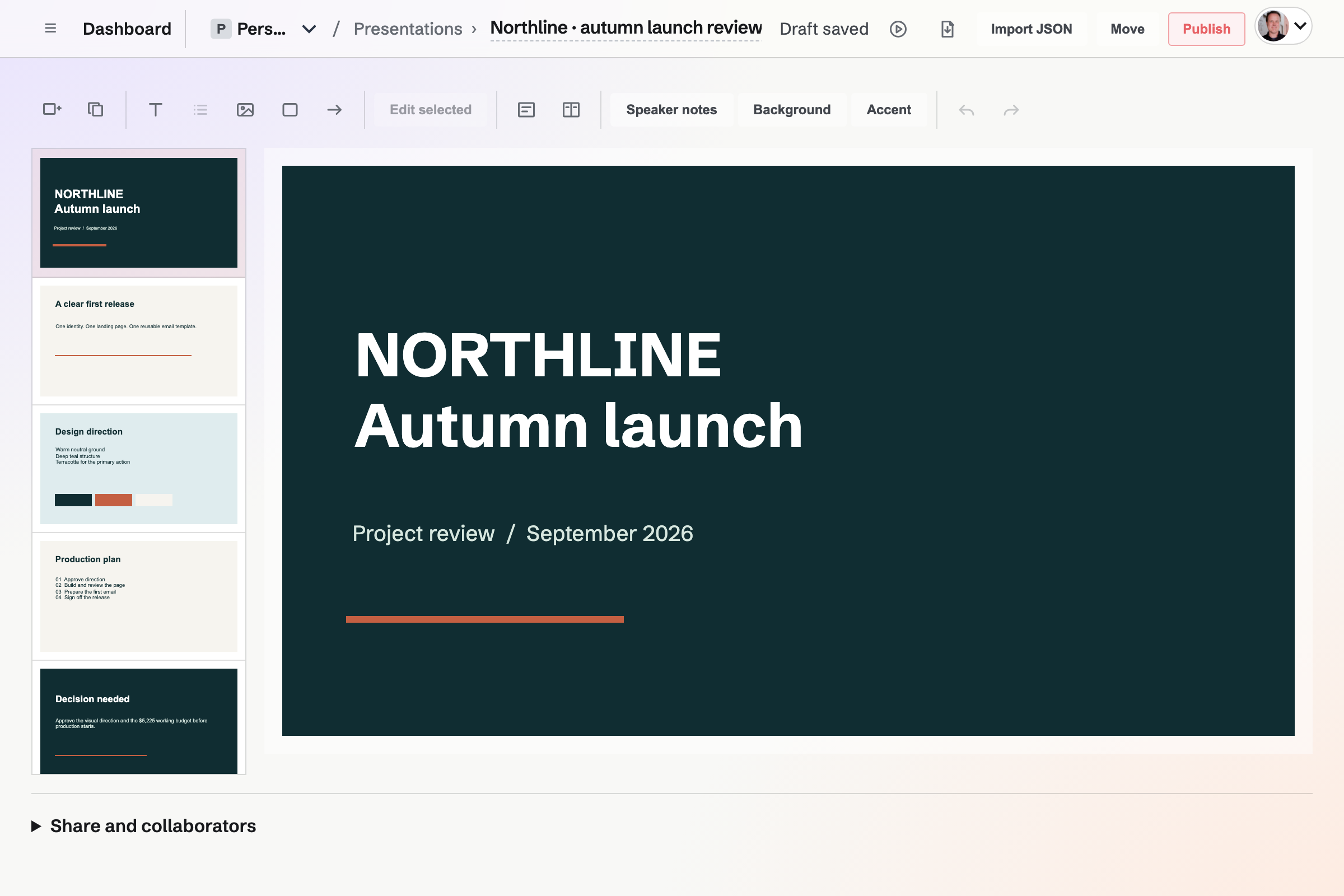 The slide index and selected cover slide in the presentation editor.