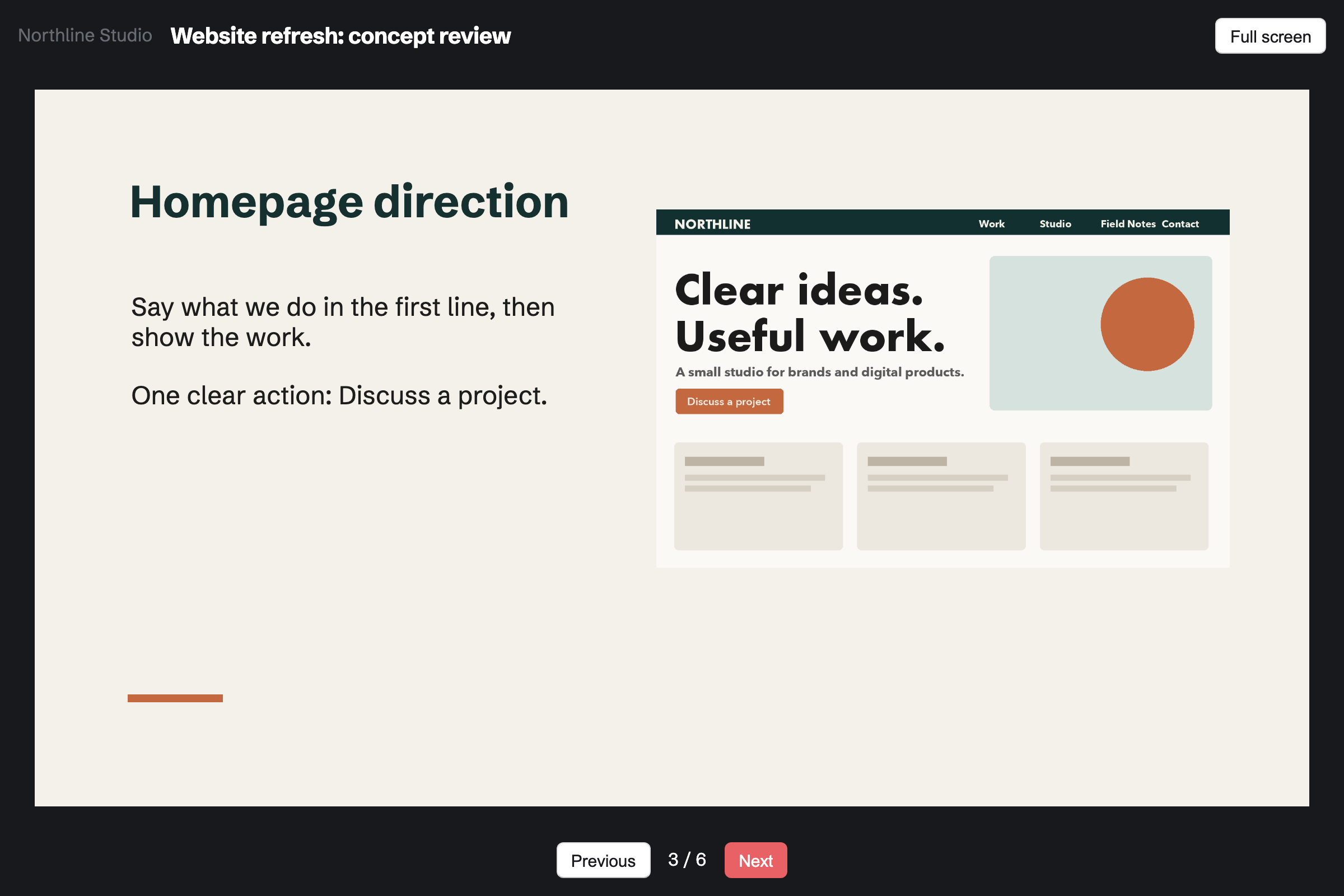 Northline Studio’s Website refresh concept review opened from its share link, on slide 3 of 6 with a homepage sketch, and Previous, Next and Full screen.