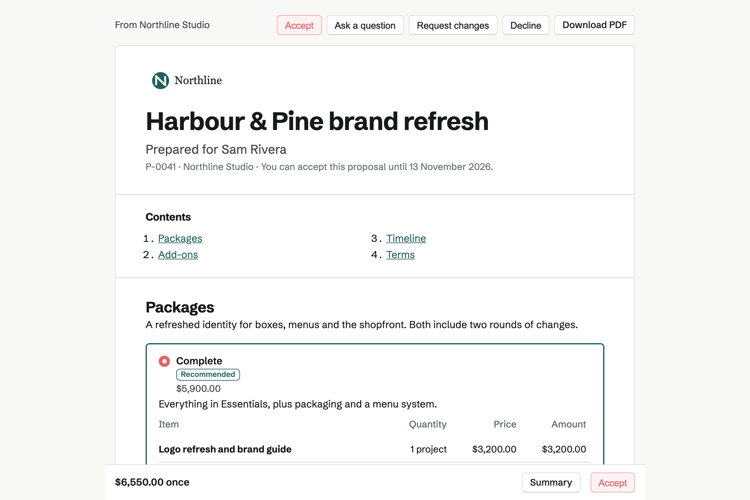 A client’s proposal page for a fictional bakery brand refresh, with the cover, a list of contents, the recommended Complete package chosen, and the total in a bar at the foot of the screen.