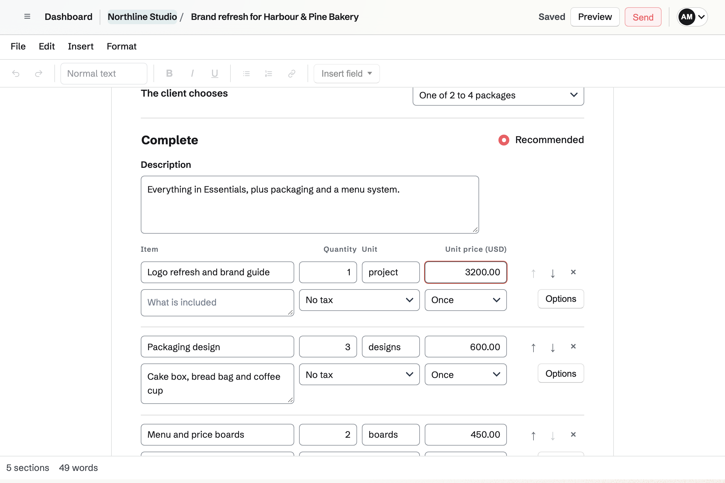 Proposal editor open on the packages of a fictional proposal, with the recommended Complete package and its lines of quantity, unit and price below the File, Edit, Insert and Format menus and the formatting toolbar.