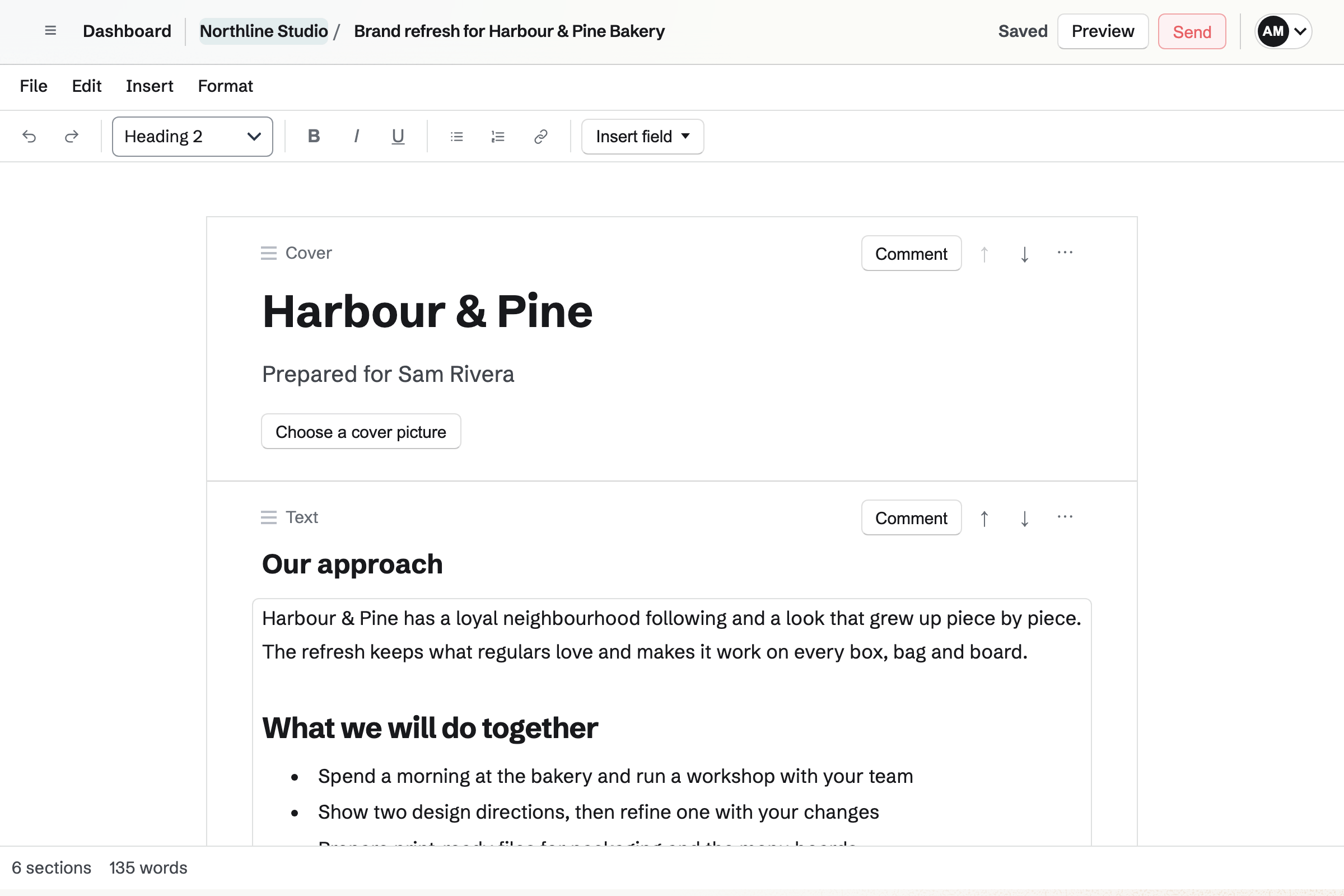 Proposal editor on a fictional bakery’s brand refresh: the cover, then an “Our approach” text section with a heading and a bulleted list, under the File, Edit, Insert and Format menus.
